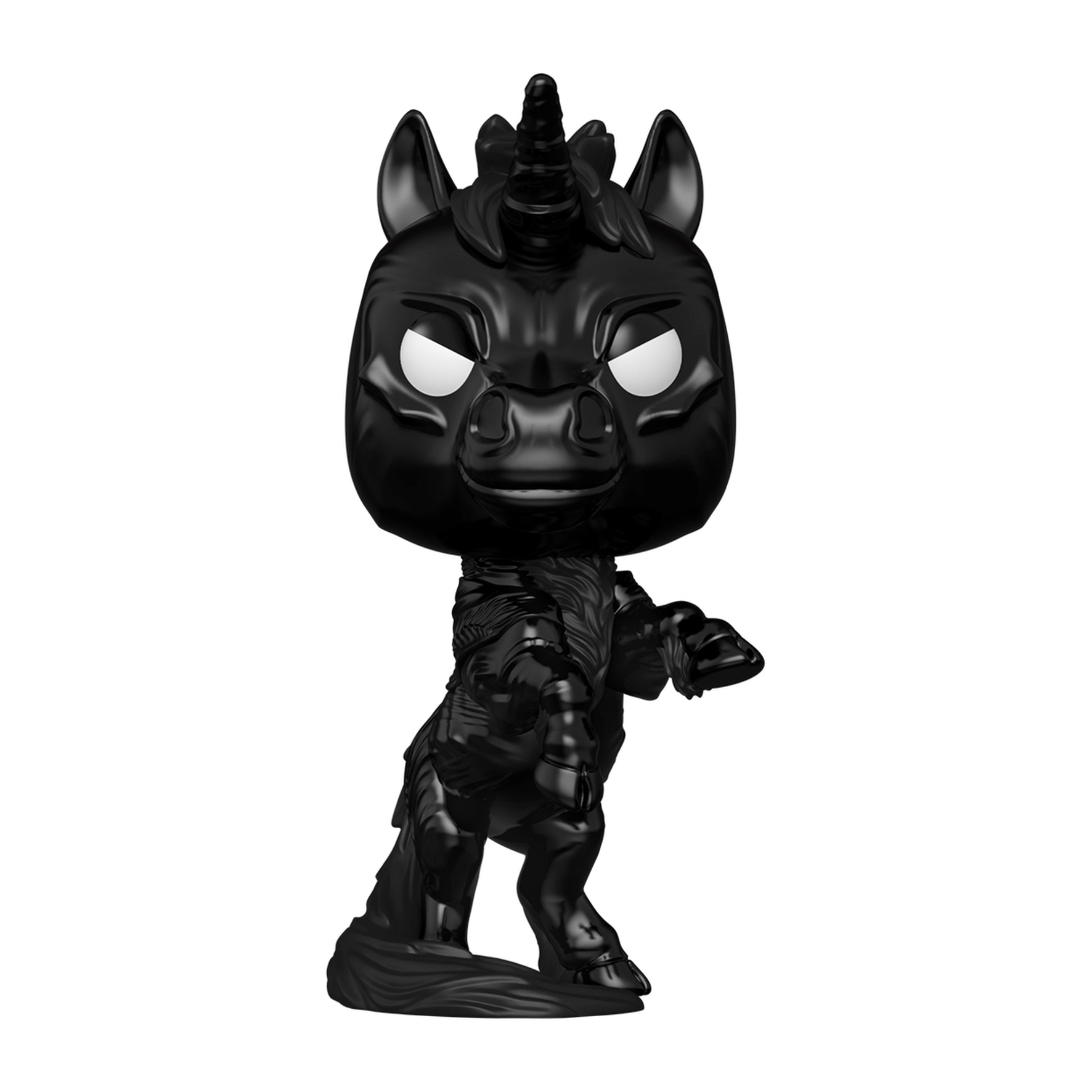 Figura Funko Pop de unicornio negro con ojos blancos. De pie, con un cuerno en la cabeza.