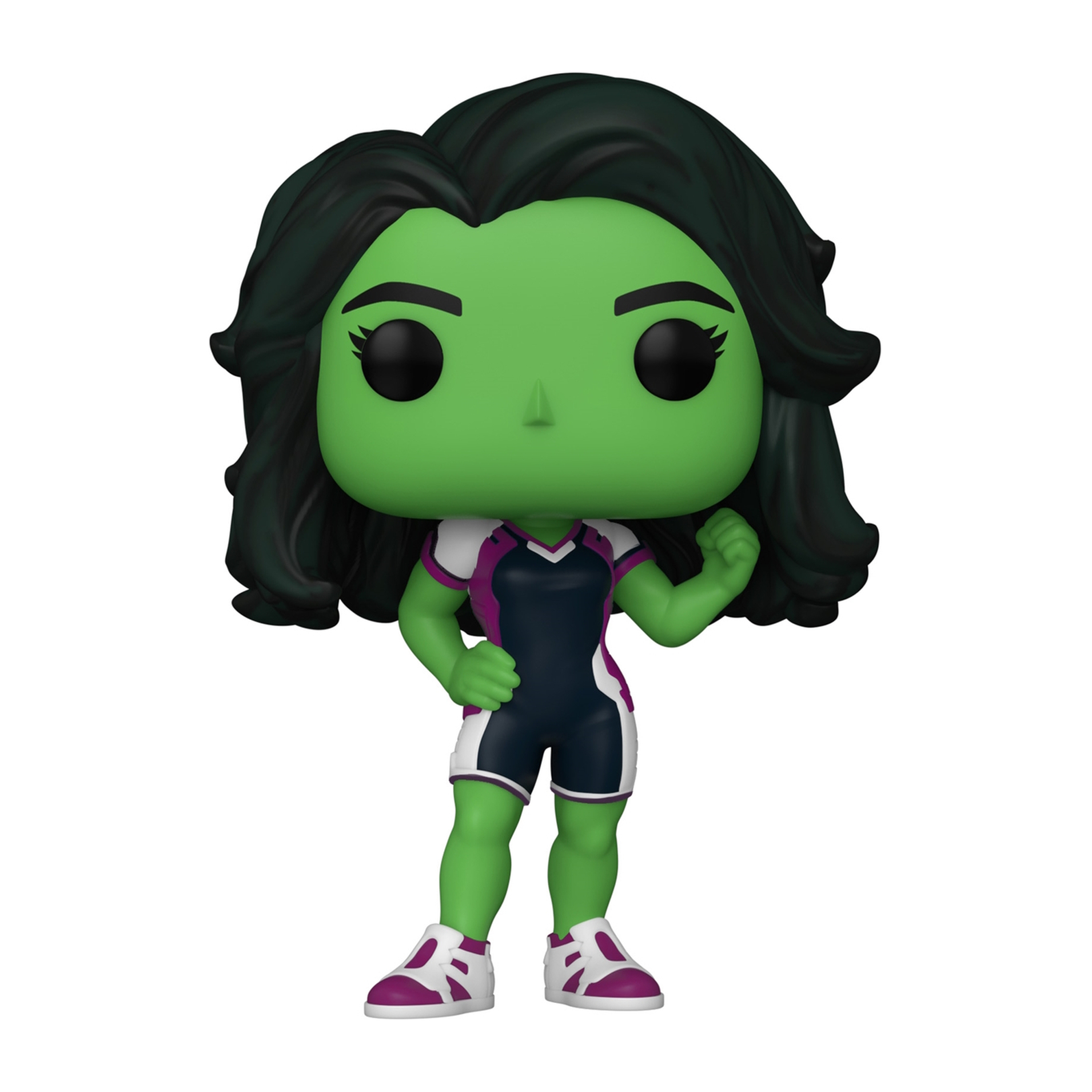 She-Hulk Figur in dynamischer Pose, grüne Haut, schwarzes Haar.