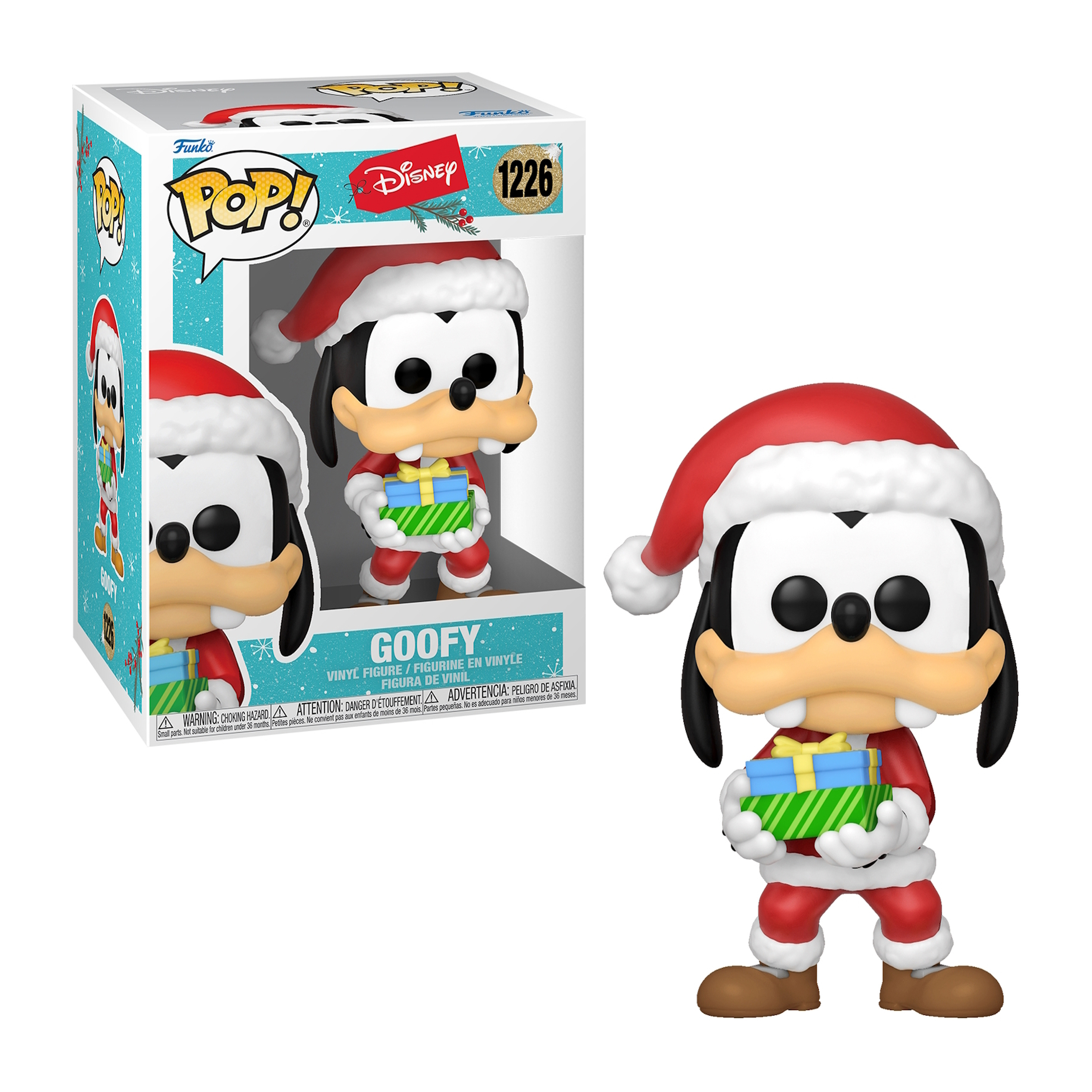 Figura Goofy Funko Pop con gorro de Papá Noel y traje rojo, sosteniendo una caja de regalo. También se muestra la versión en caja.