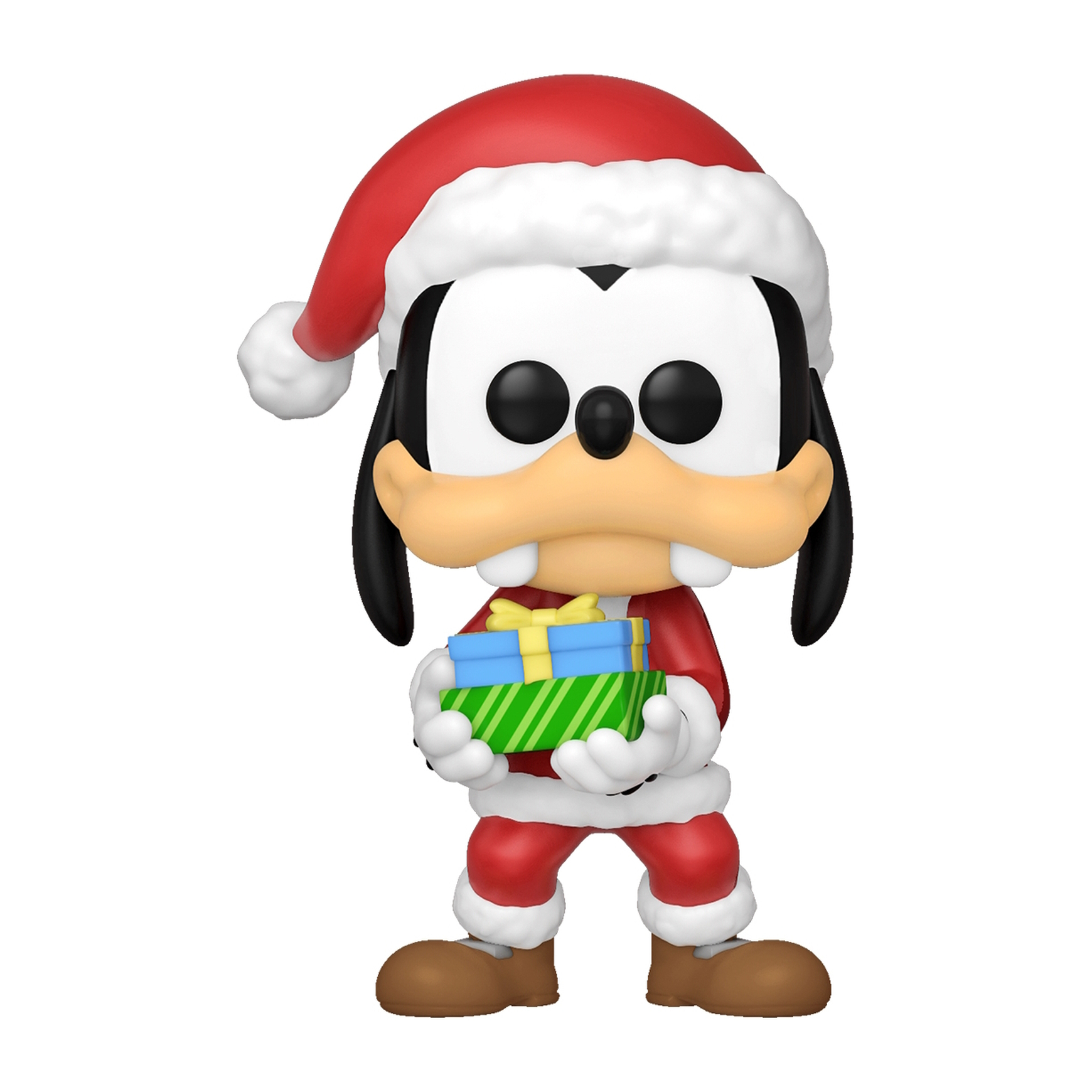 Goofy con traje de Papá Noel, sosteniendo regalos. Traje rojo, gorro de Papá Noel, zapatos marrones. Fondo blanco.
