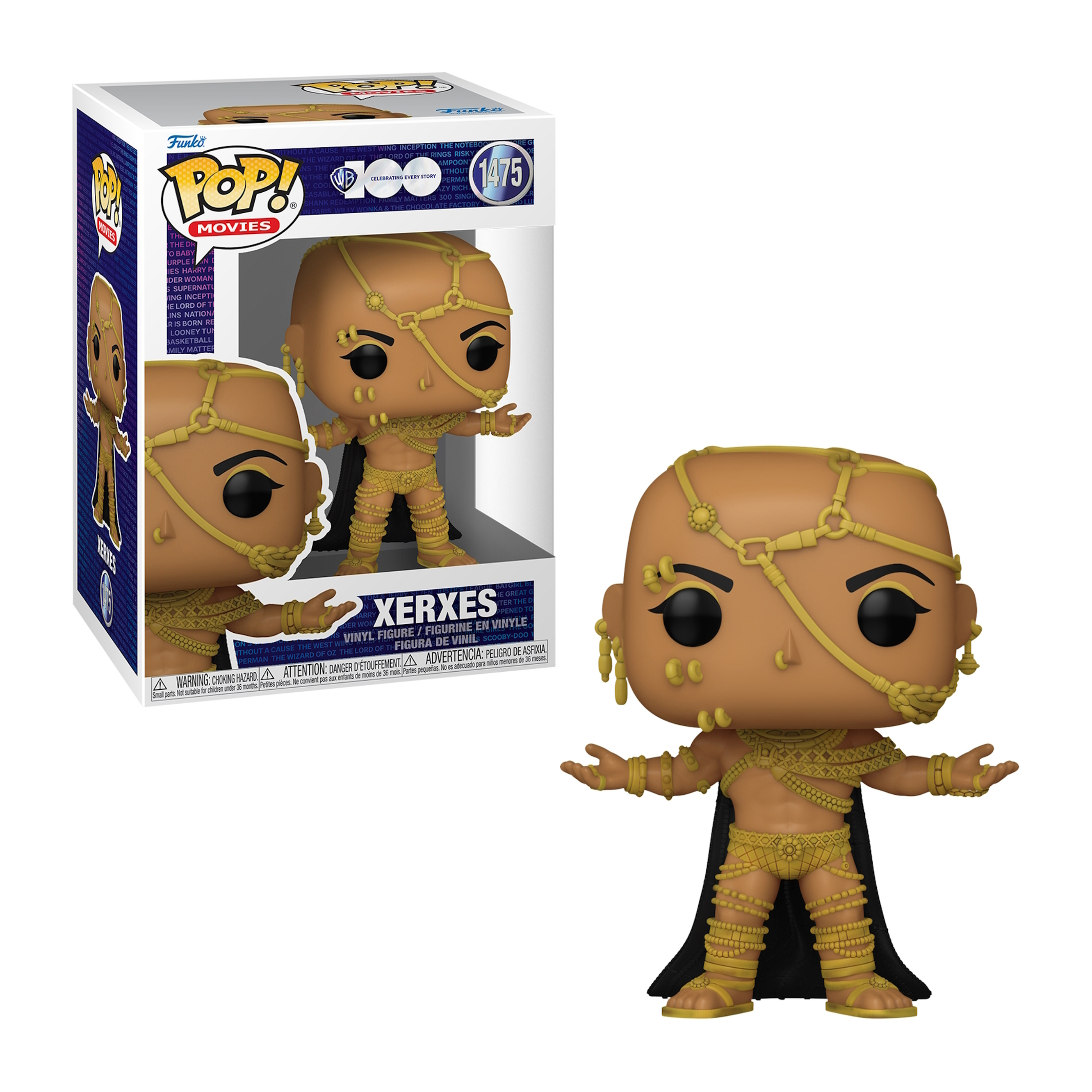 Figura Xerxes Funko Pop. Figura dorata in una scatola. Mantello nero. Sfondo bianco.