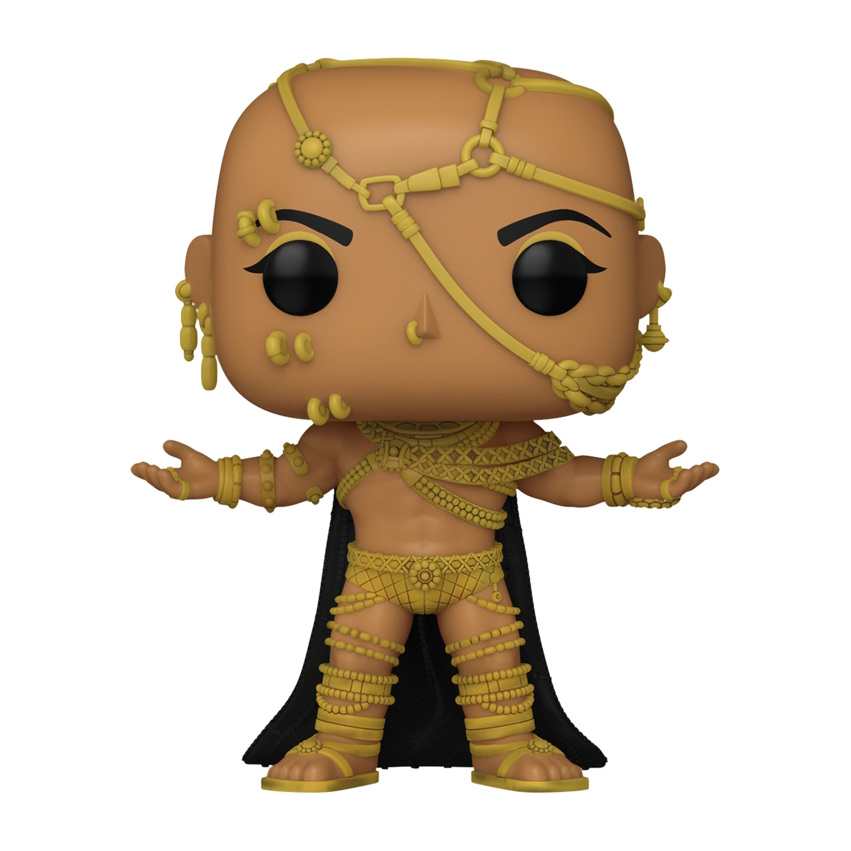 Una figura Funko Pop di una donna calva in armatura dorata con le braccia aperte.