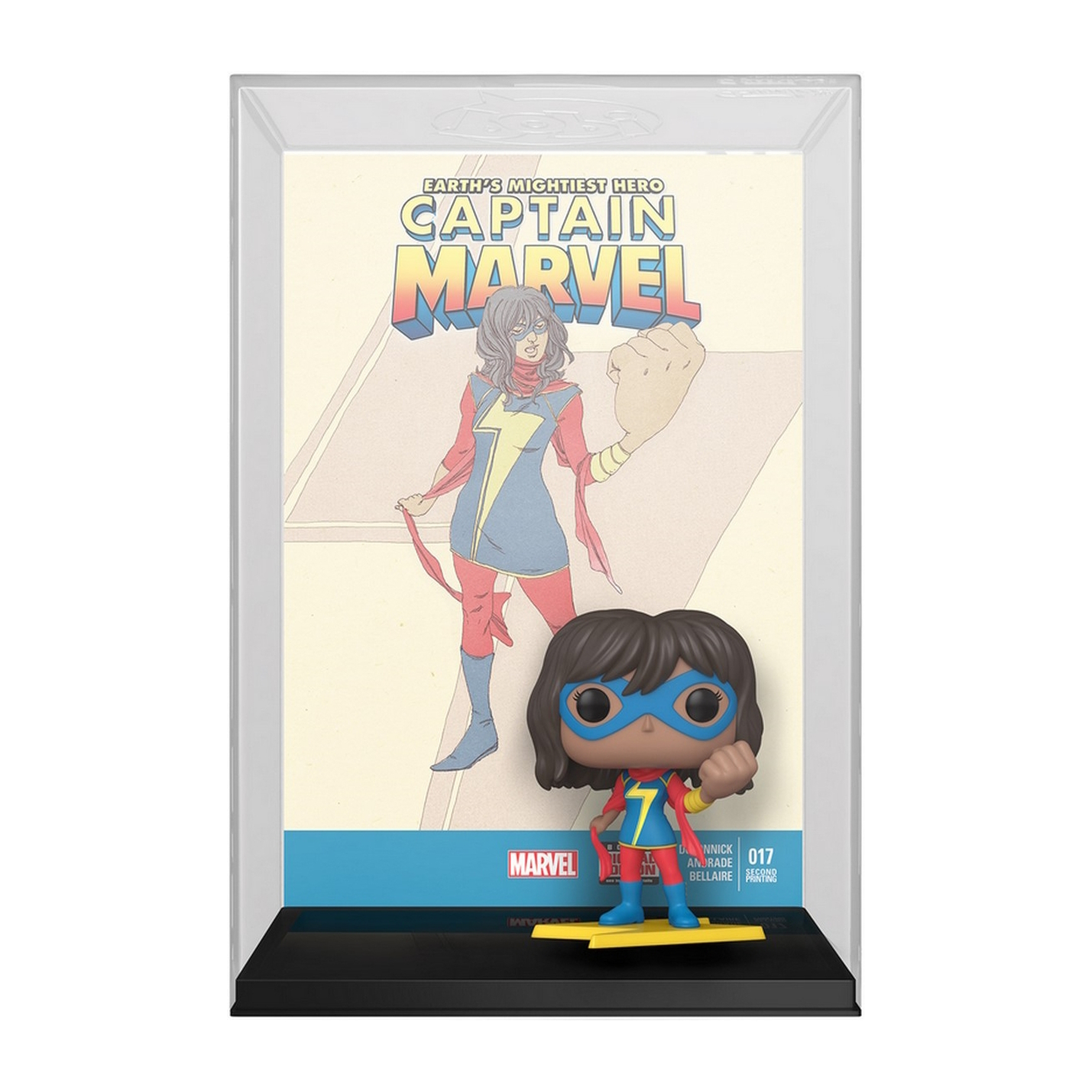 Captain Marvel Funko Pop Figur in einer Vitrine mit Comic-Hintergrund.