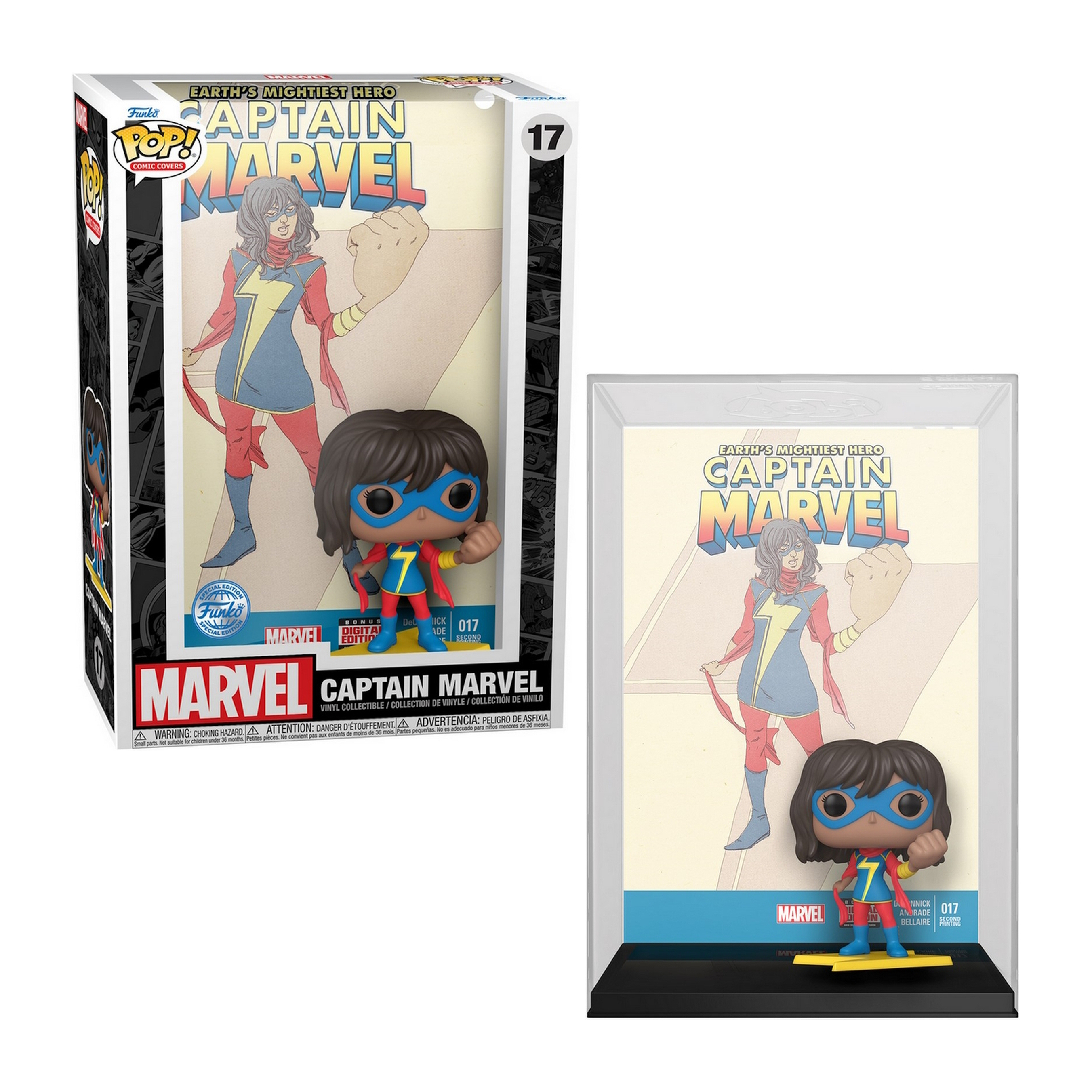 Zwei Funko Pop Figuren. Eine ist Captain Marvel in einer Box. Die andere ist außerhalb der Box.