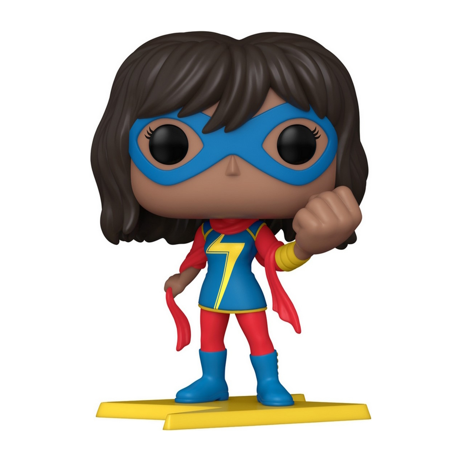 Ms. Marvel Funko Pop Figur. Sie trägt eine blaue Maske und ein Kostüm.