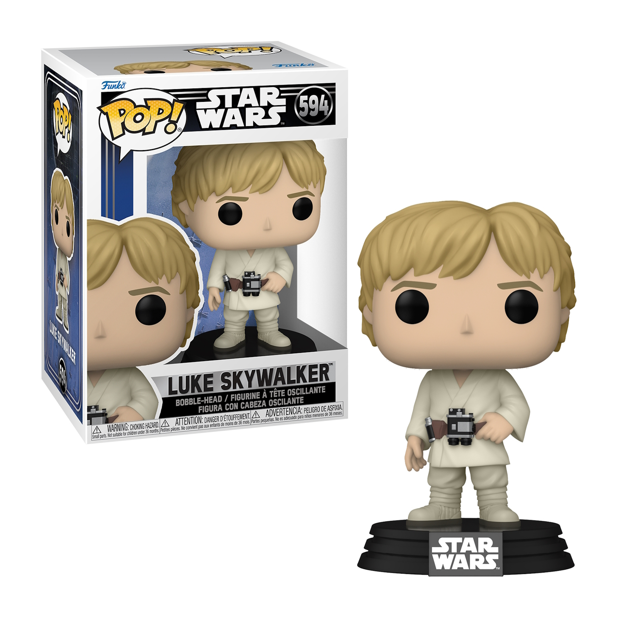 Luke Skywalker Funko Pop Figur mit Box. Weißer Hintergrund.