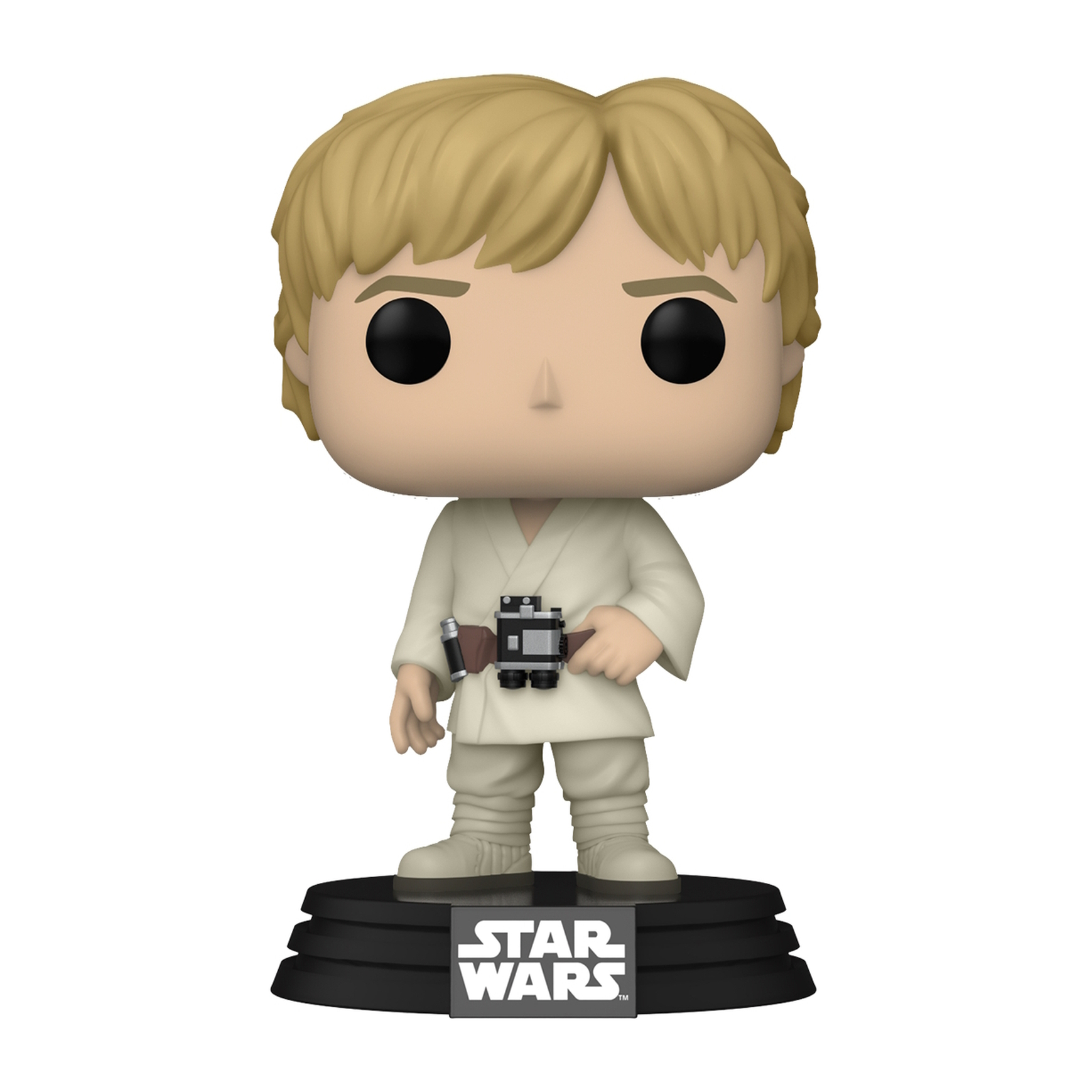 Eine Star Wars Luke Skywalker Funko Pop Figur, die auf einer schwarzen Basis steht.