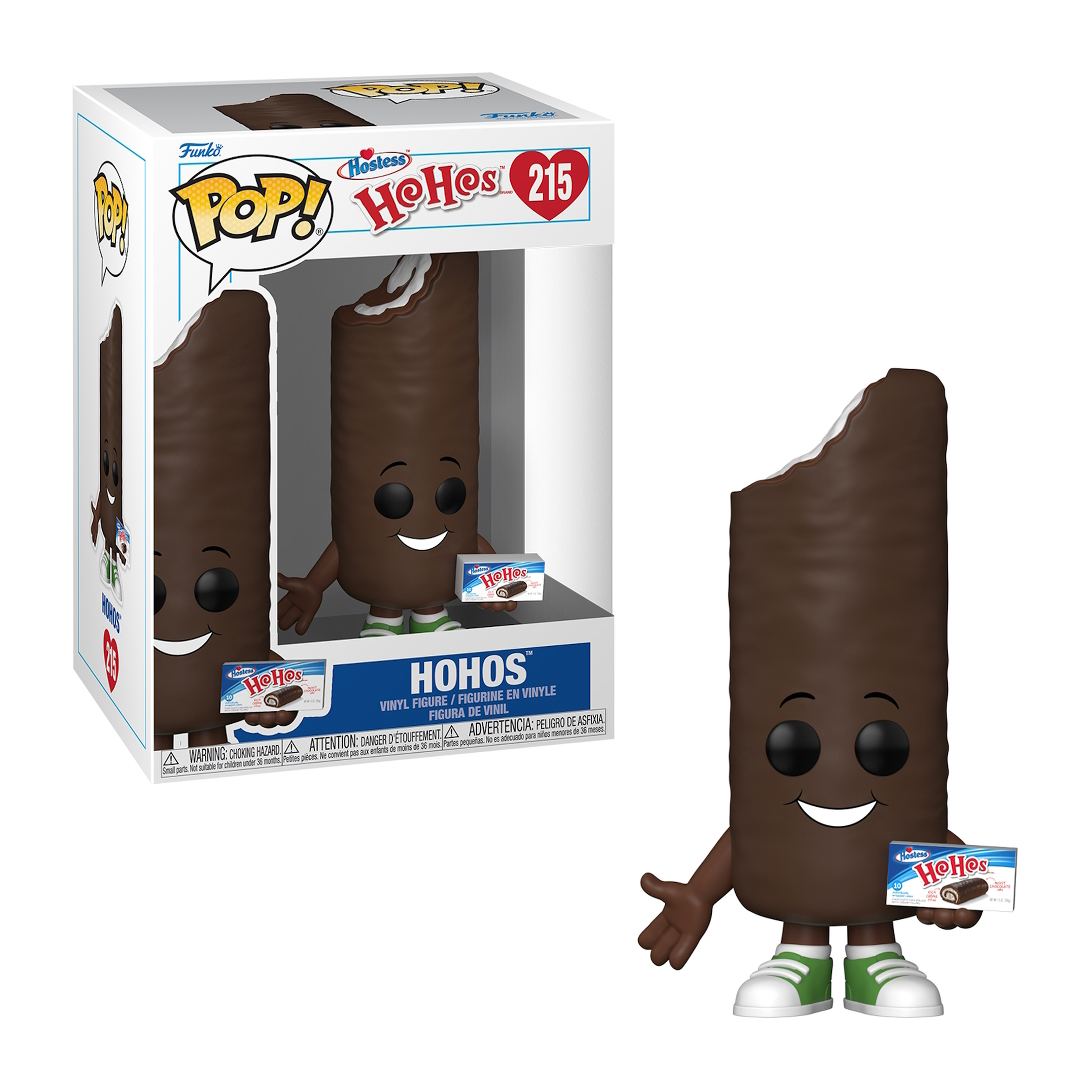 Figura Funko Pop Hostess HoHos dentro e fuori dalla scatola. Marrone, glassa bianca. Pantaloncini verdi, scatola.