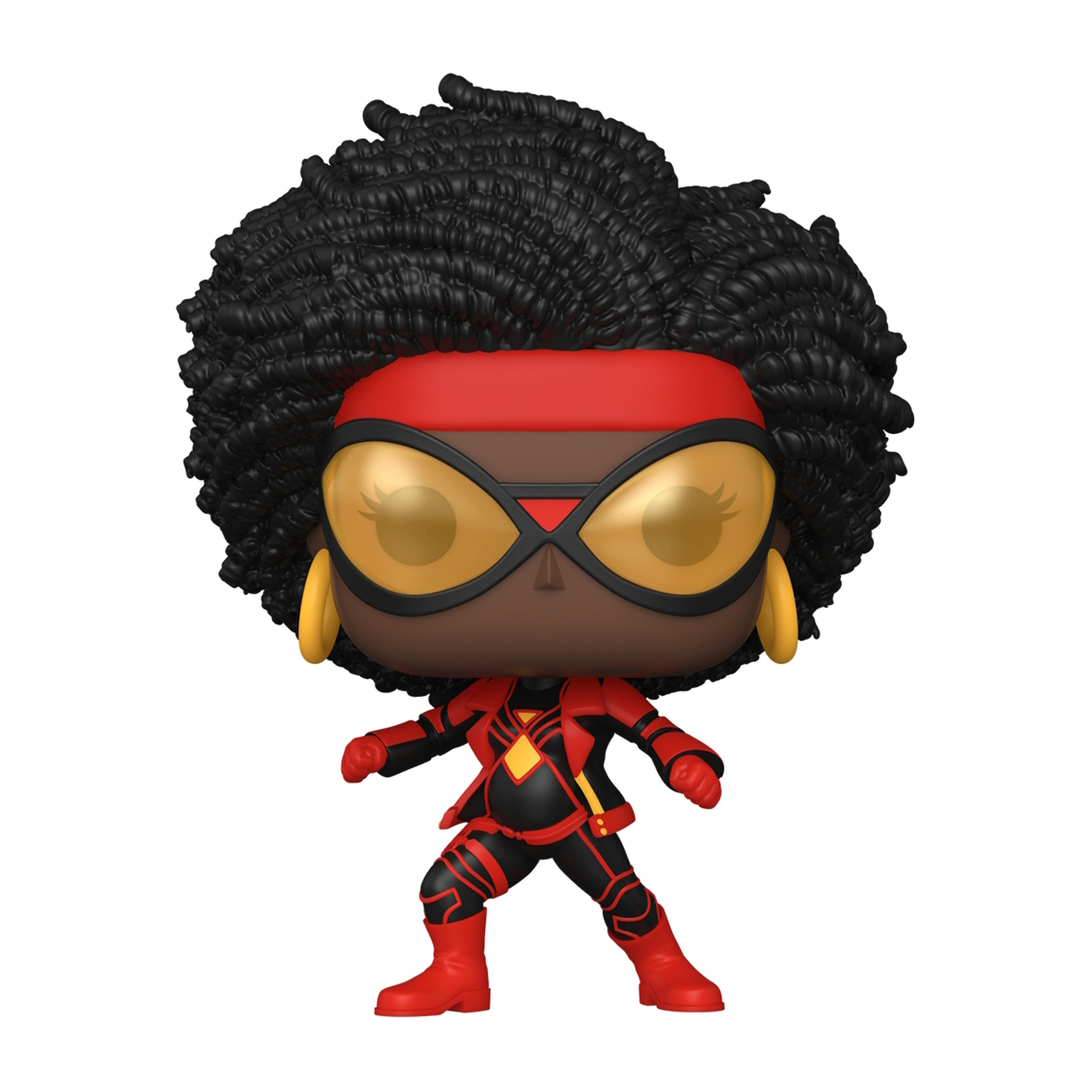Una figura Funko Pop di una donna nera con capelli ricci, che indossa un abito rosso e nero.