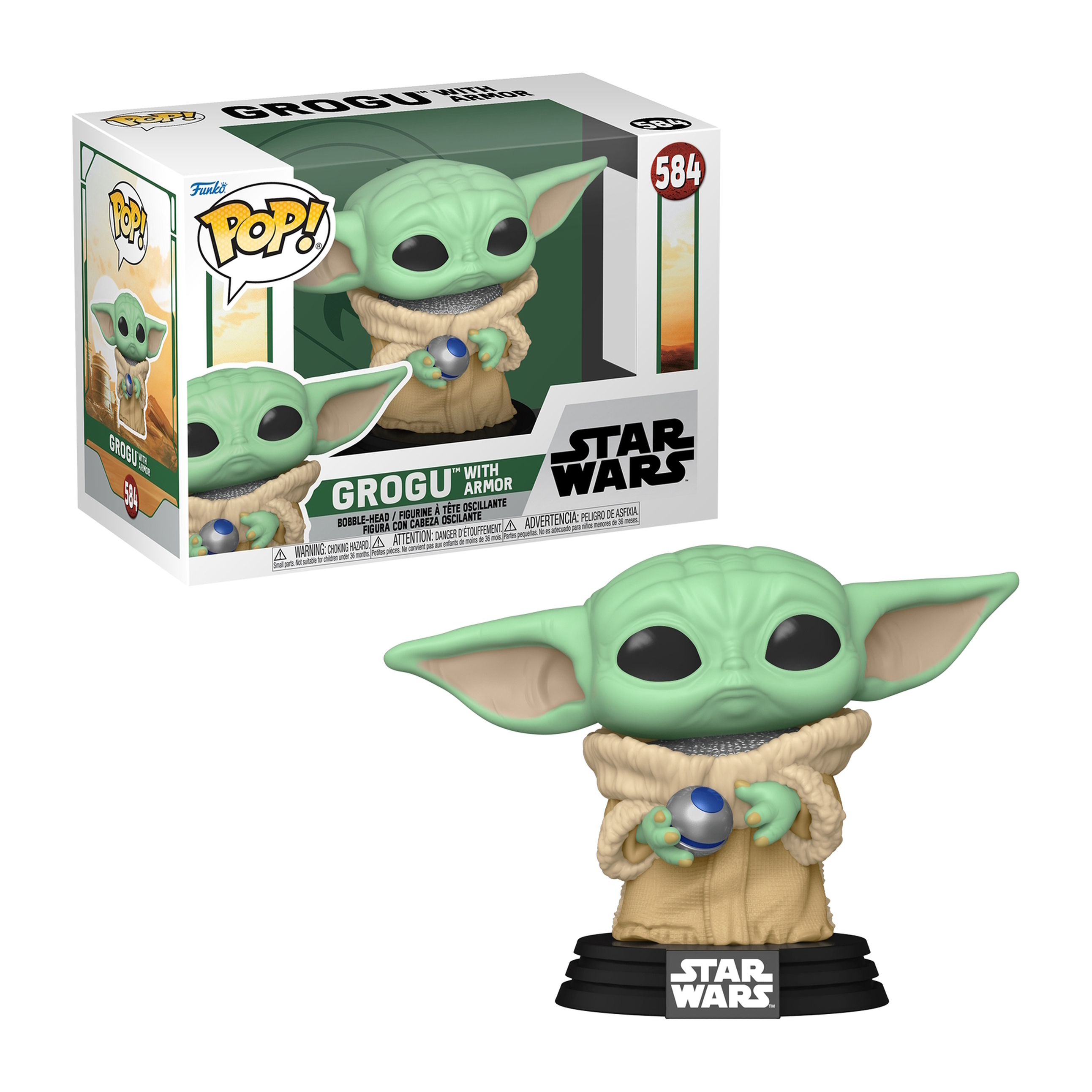 Eine Grogu Funko Pop Figur, grün mit großen Ohren, hält einen blauen Ball. Die Box ist im Hintergrund.