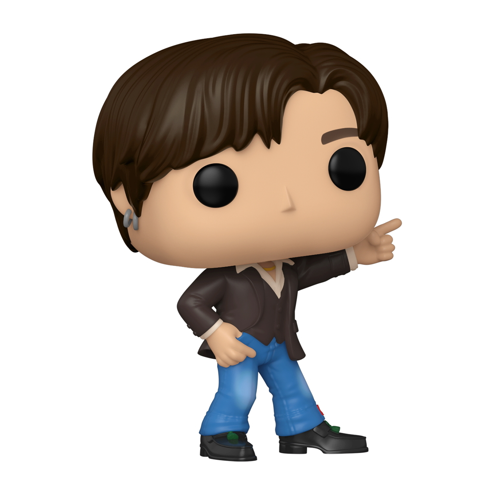 Una figura Funko Pop di un uomo con i capelli castani, giacca marrone, jeans, che indica.