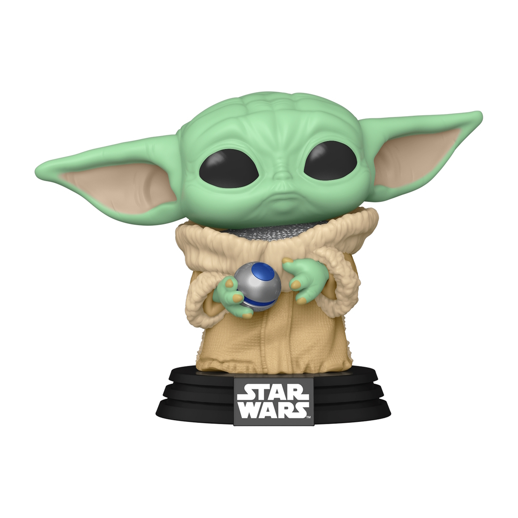 Grogu Funko Pop Figur. Grüne Haut, große Ohren, hält eine silberne Kugel, auf schwarzem Sockel.