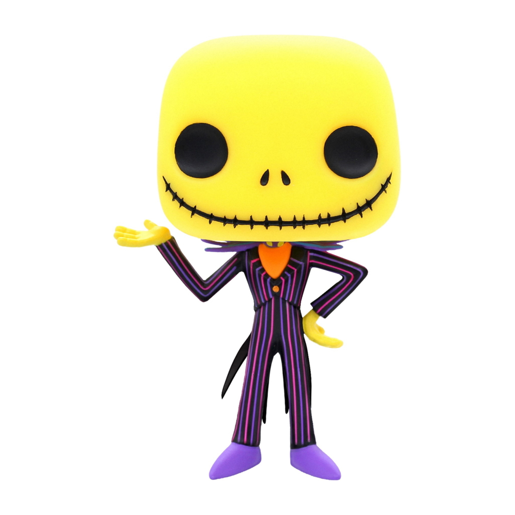 Figura Jack Skellington Funko Pop. Indossa un abito a righe nere e viola, in posa con una mano alzata.