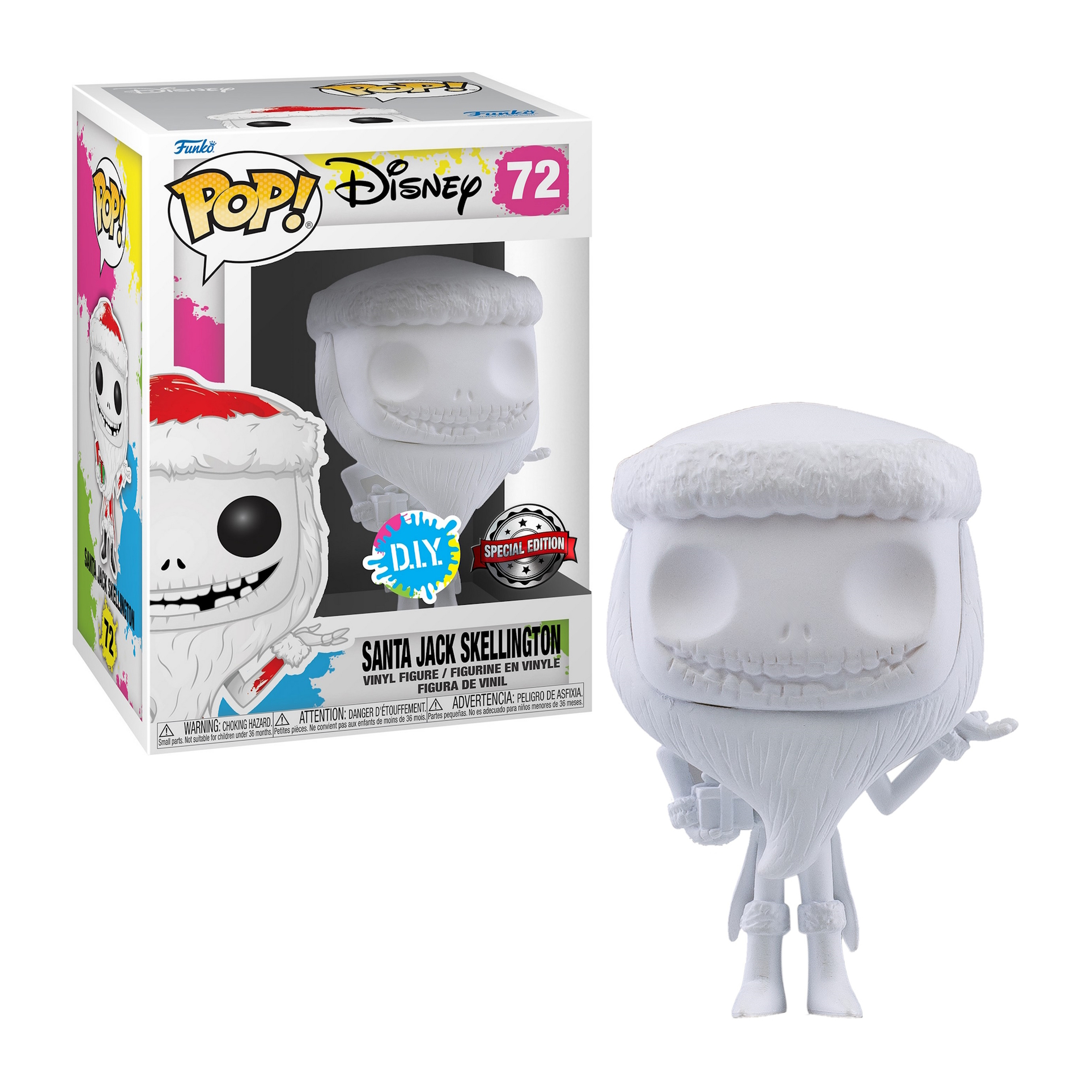 Una figura Funko Pop bianca di Santa Jack Skellington, con una scatola fai-da-te.