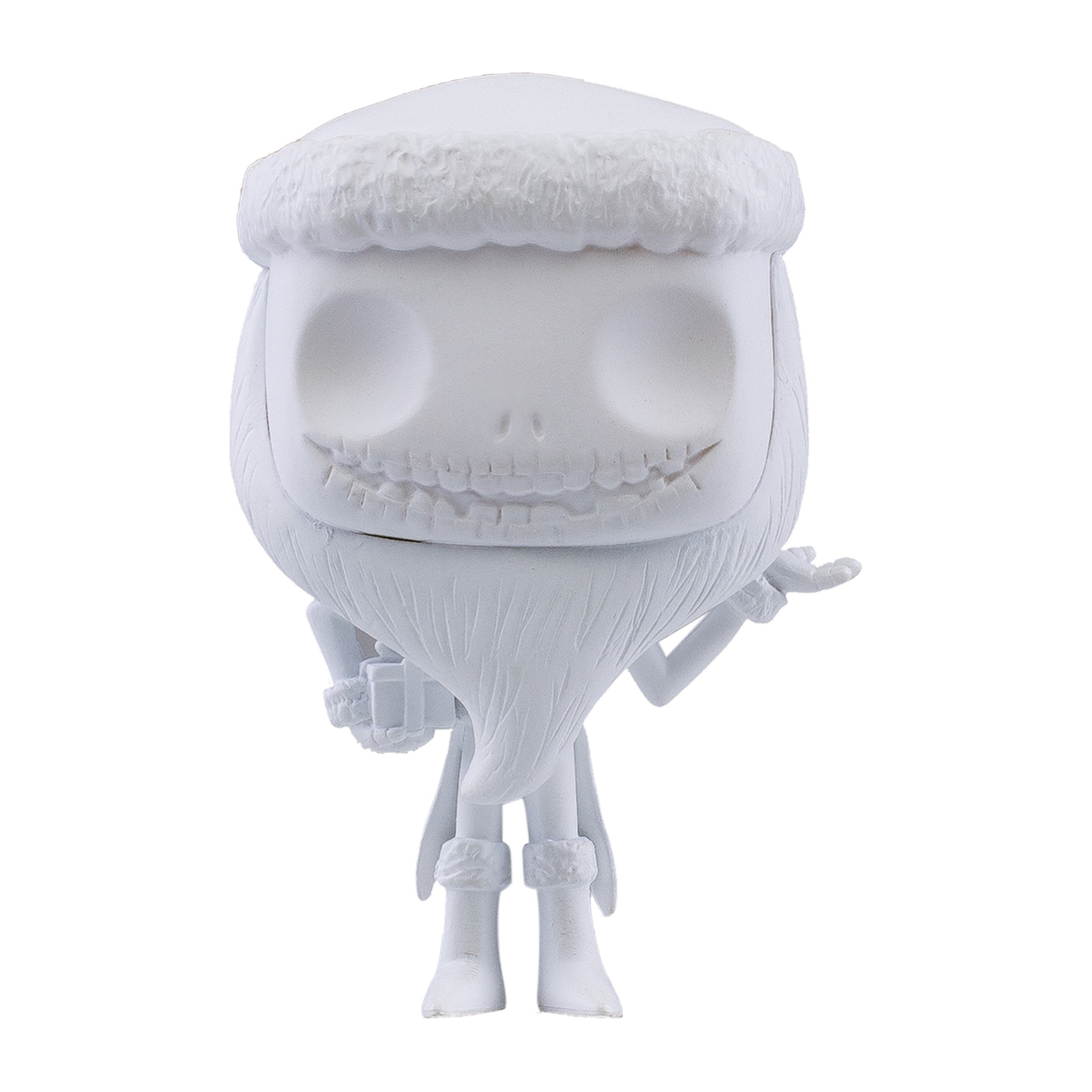 Una figura bianca di Jack Skellington in costume da Babbo Natale, tiene un regalo. Tutto bianco.