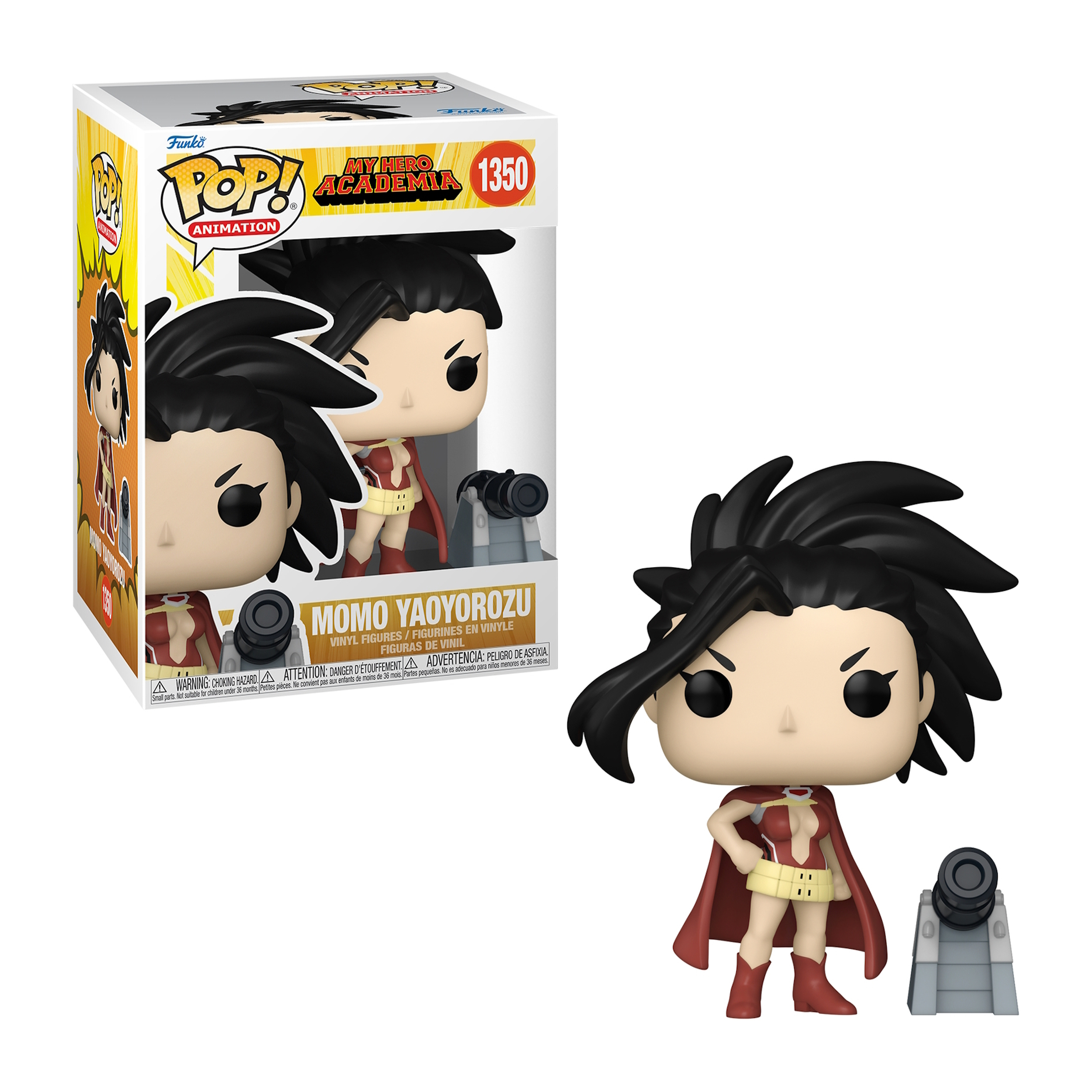 Funko Pop Figur von Momo Yaoyorozu aus My Hero Academia. Sie trägt ein Kostüm mit Umhang.