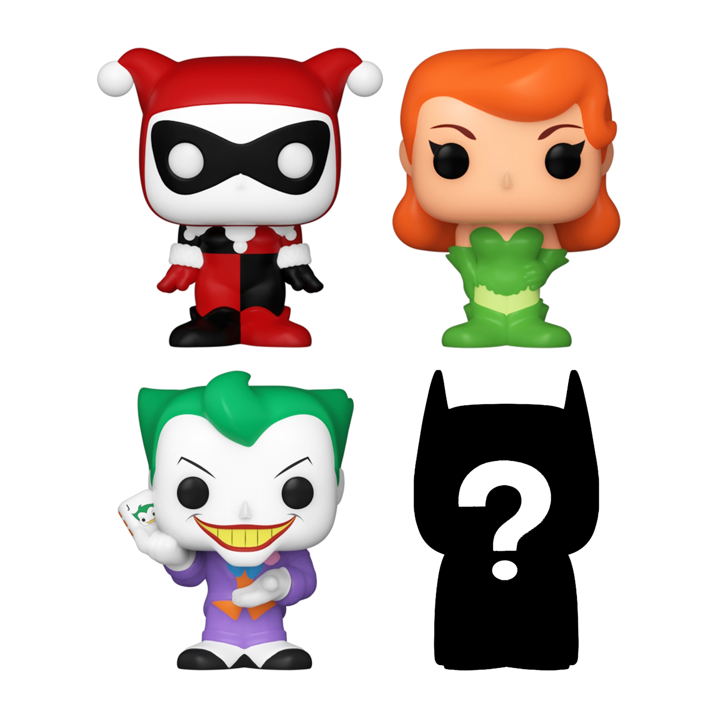 Quattro personaggi Funko Pop: Harley Quinn, Poison Ivy, The Joker e una silhouette di Batman.