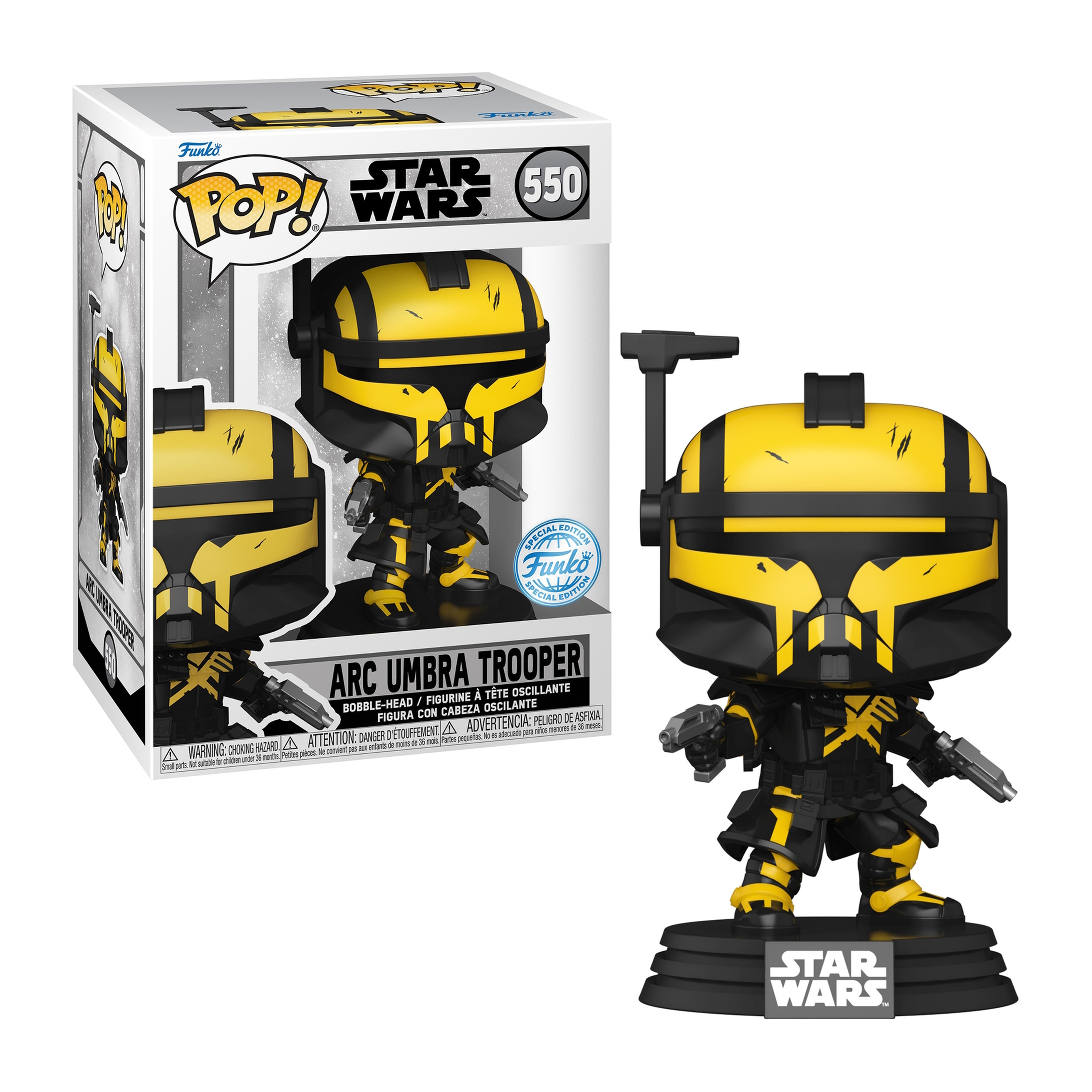 Funko Pop di Arc Umbra Trooper con scatola. Trooper è nero e giallo con armi.