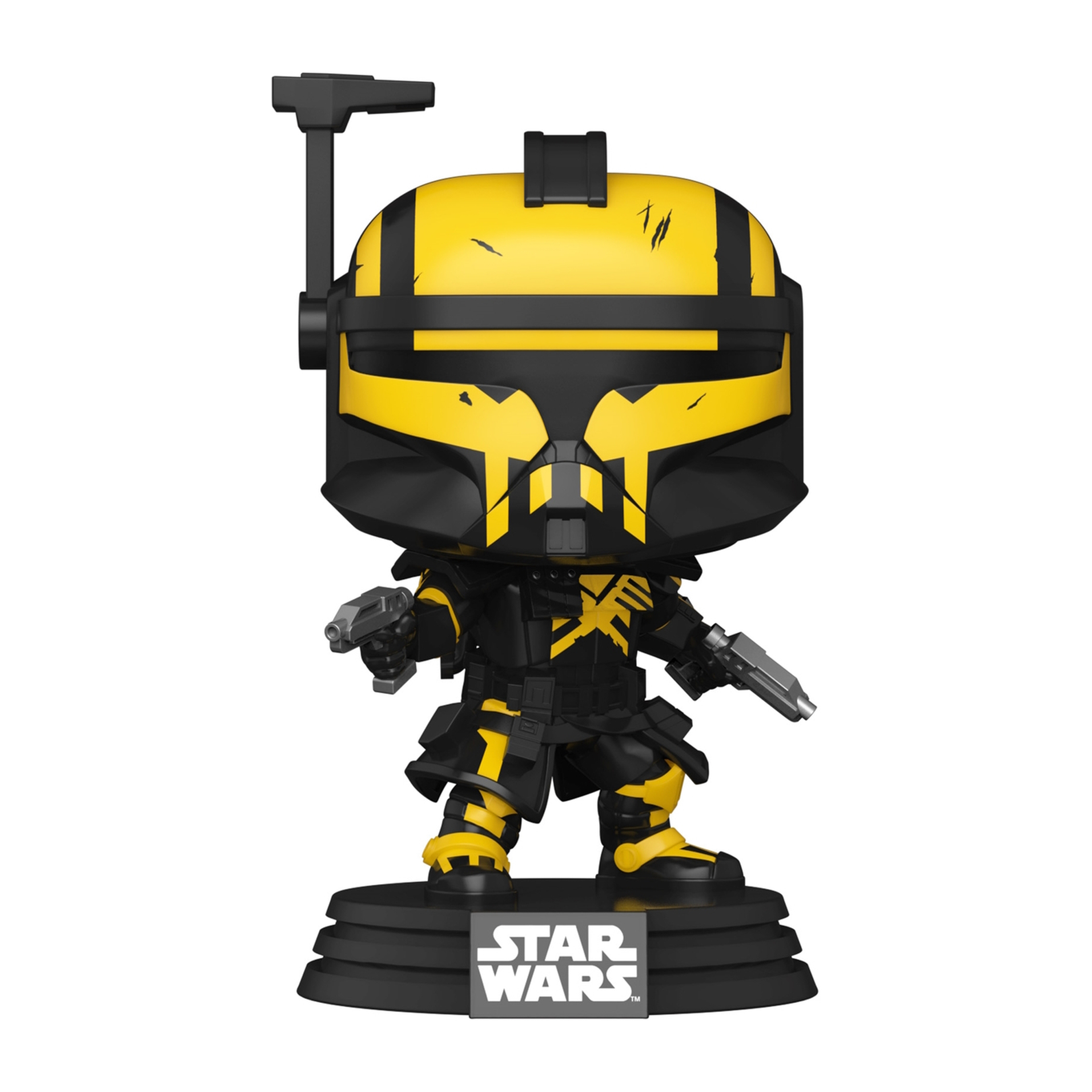 Figura Funko Pop di un personaggio di Star Wars in armatura gialla e nera, con due blaster.