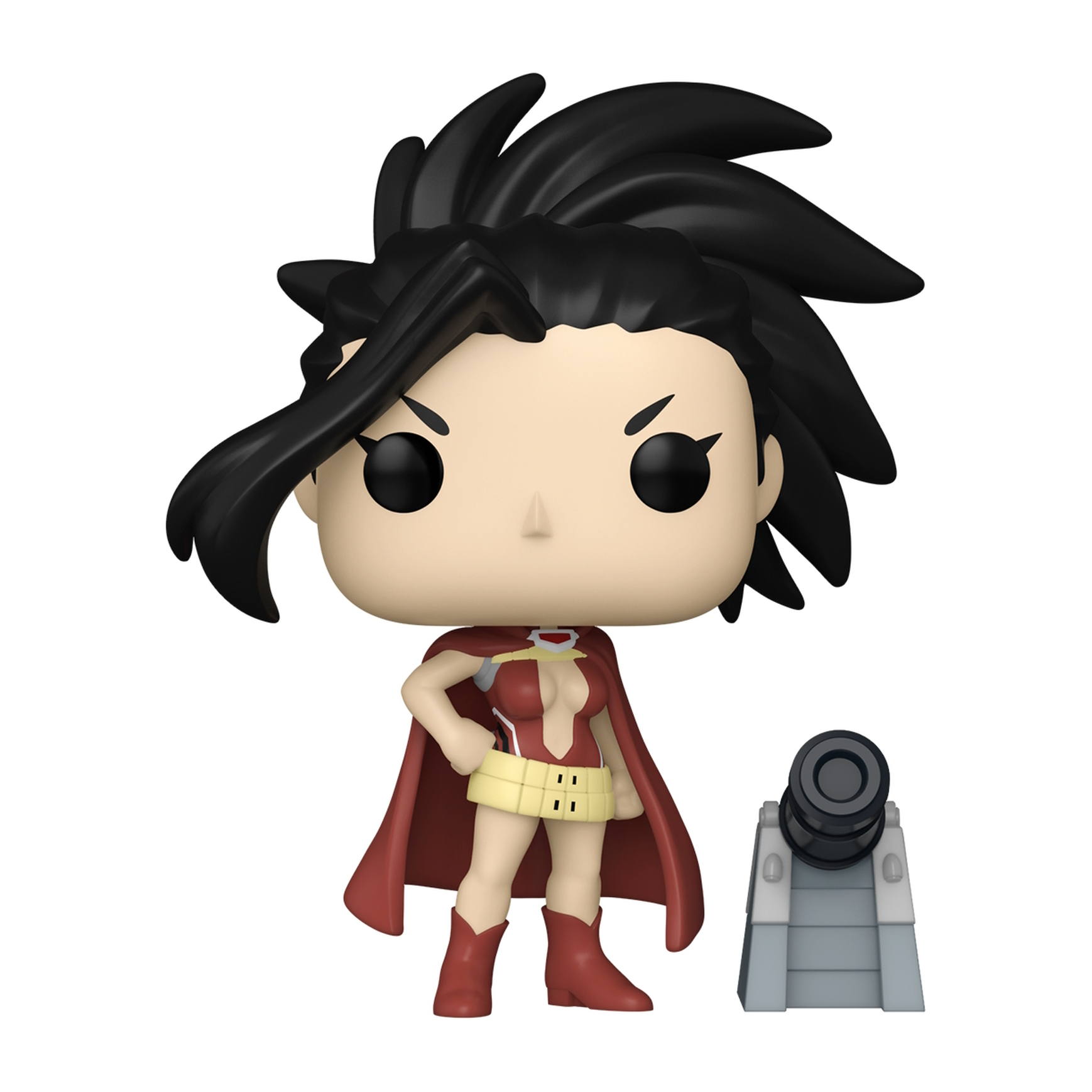 Figura de Momo Yaoyorozu con cabello negro y capa roja, posando con un objeto plateado.