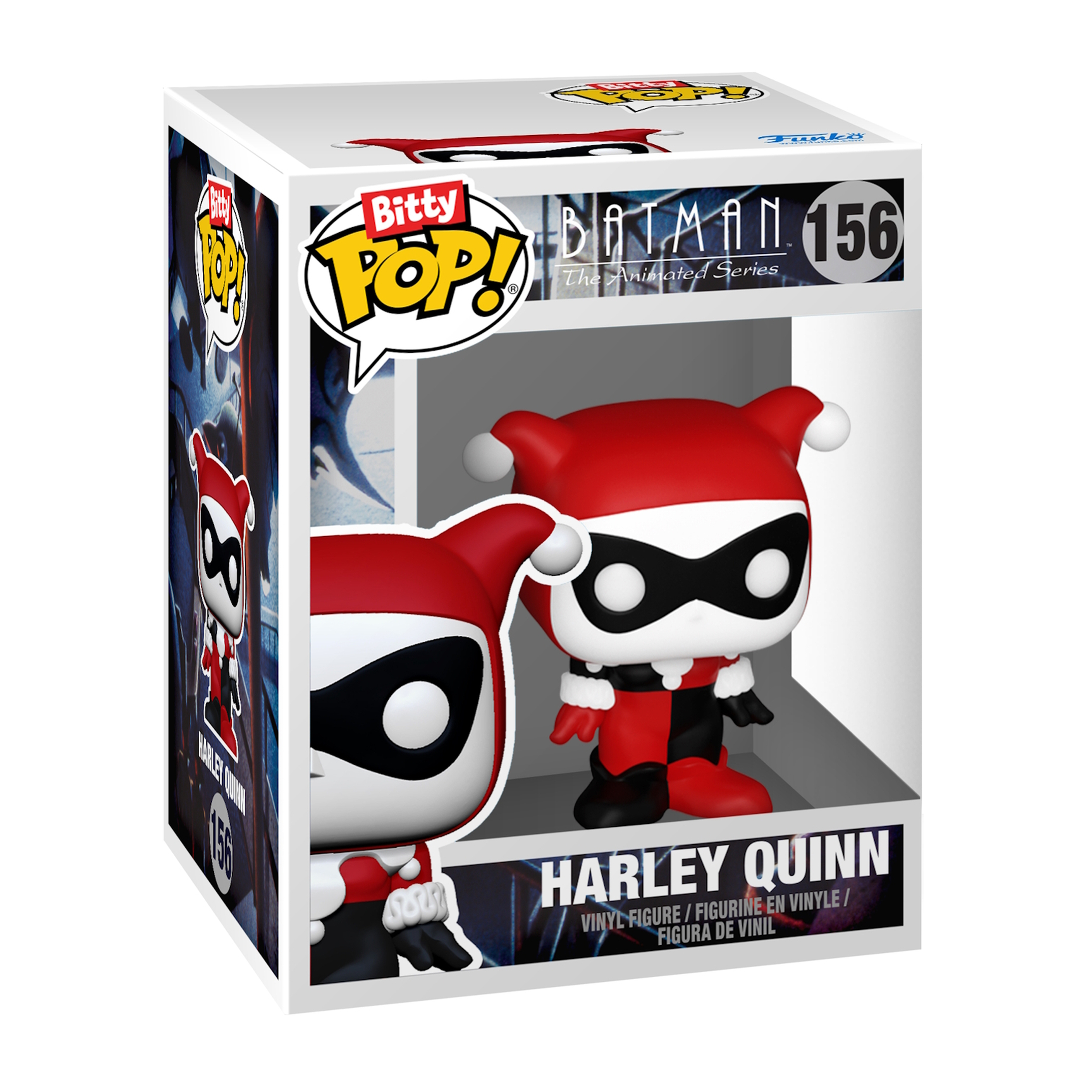 Statuetta di Harley Quinn in scatola. Costume rosso e nero, viso bianco.