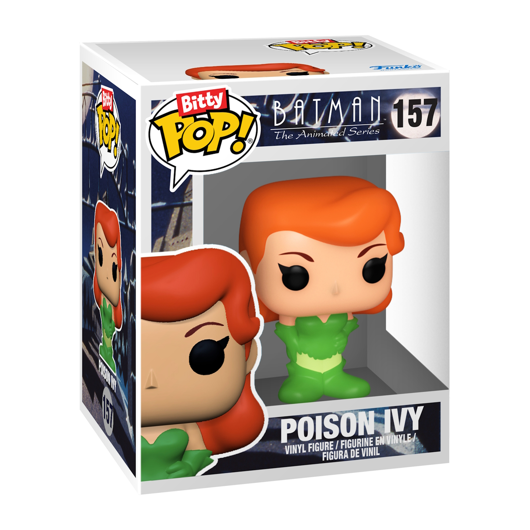 Statuetta di Poison Ivy in una scatola. Capelli rossi e vestito verde visibili.