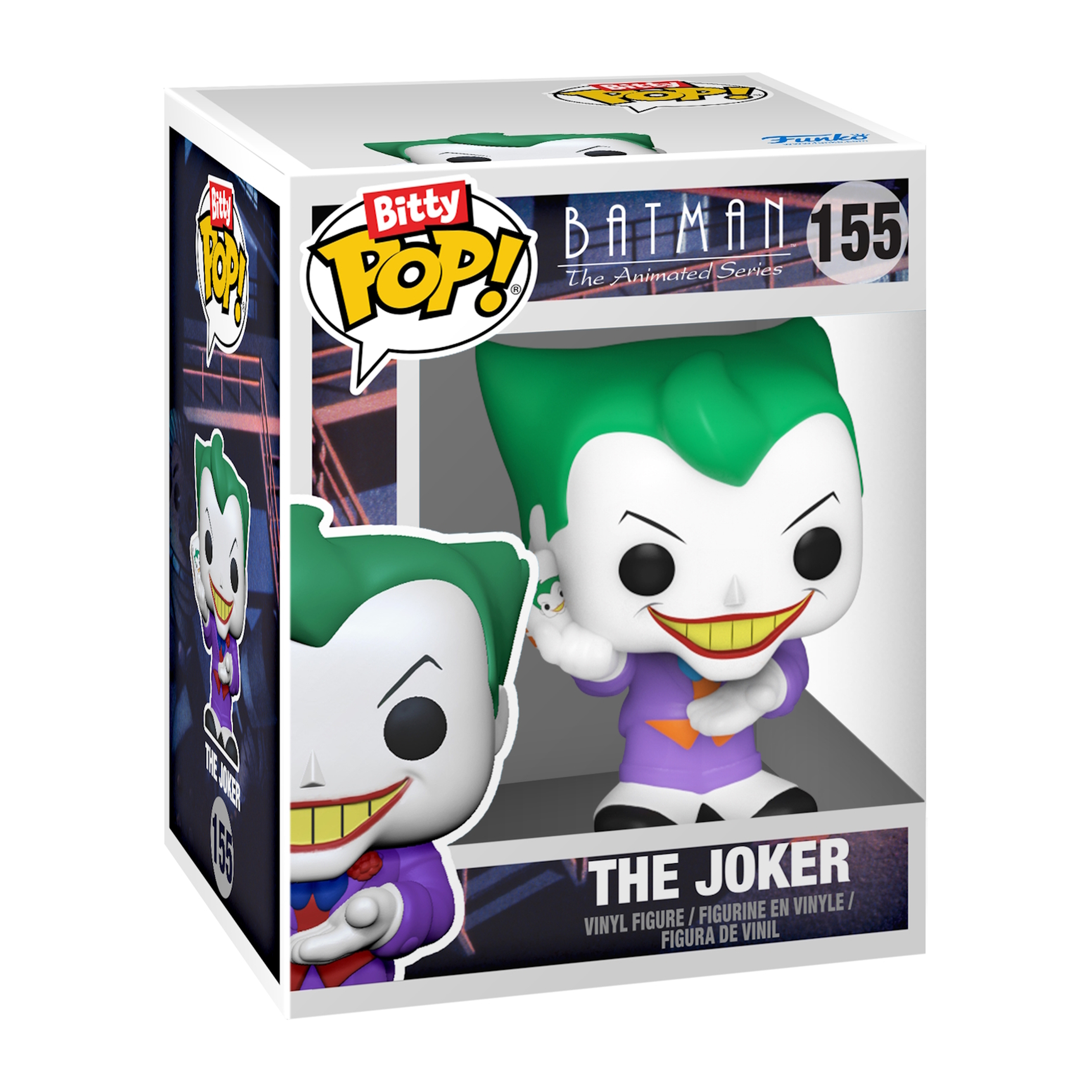 Figura di Joker Funko Pop dentro e fuori dalla scatola, con i capelli verdi.