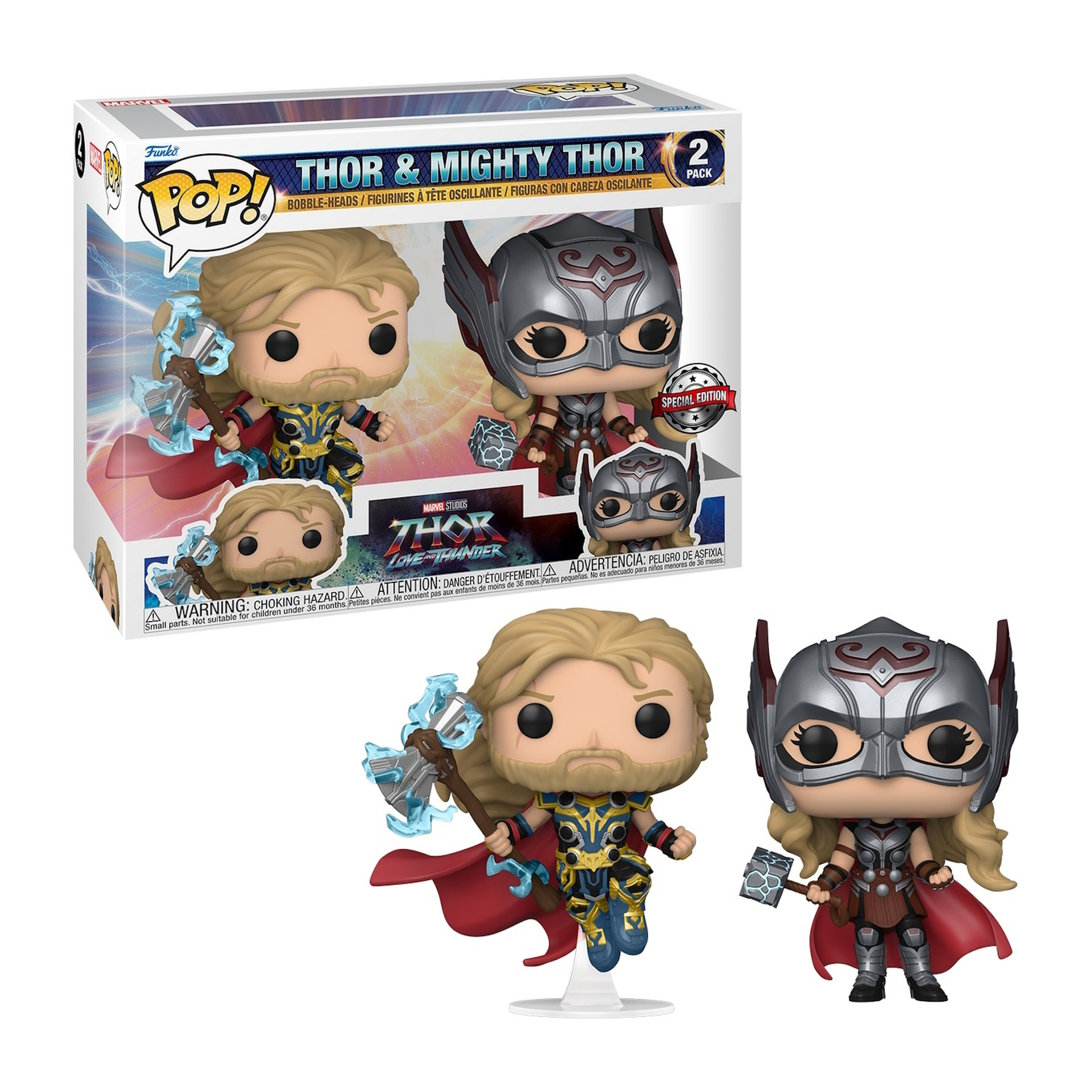 Due figure Funko Pop di Thor e scatola da Love and Thunder.