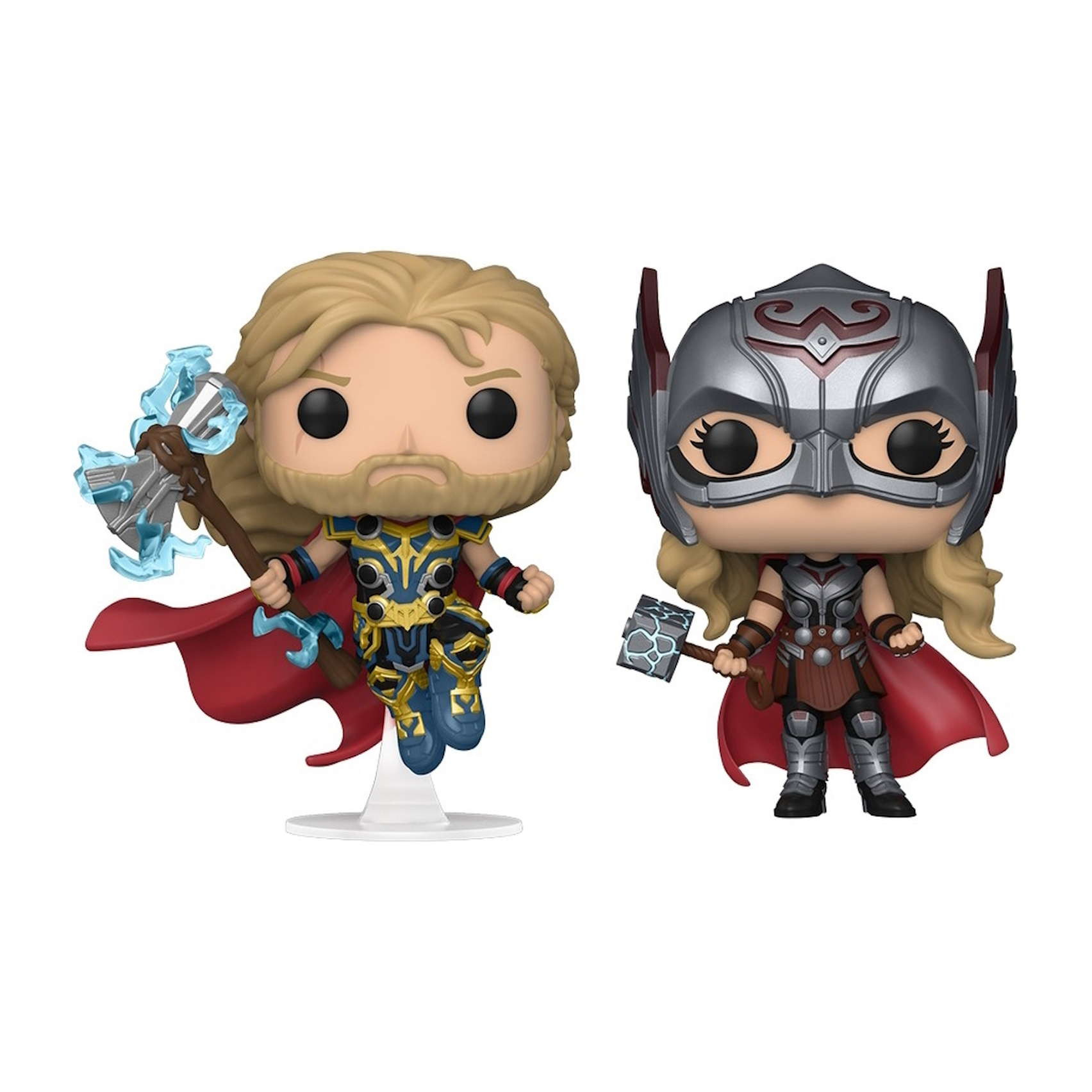 Due figure Funko Pop di Thor, una con martello, l'altra con elmetto, su sfondo bianco.