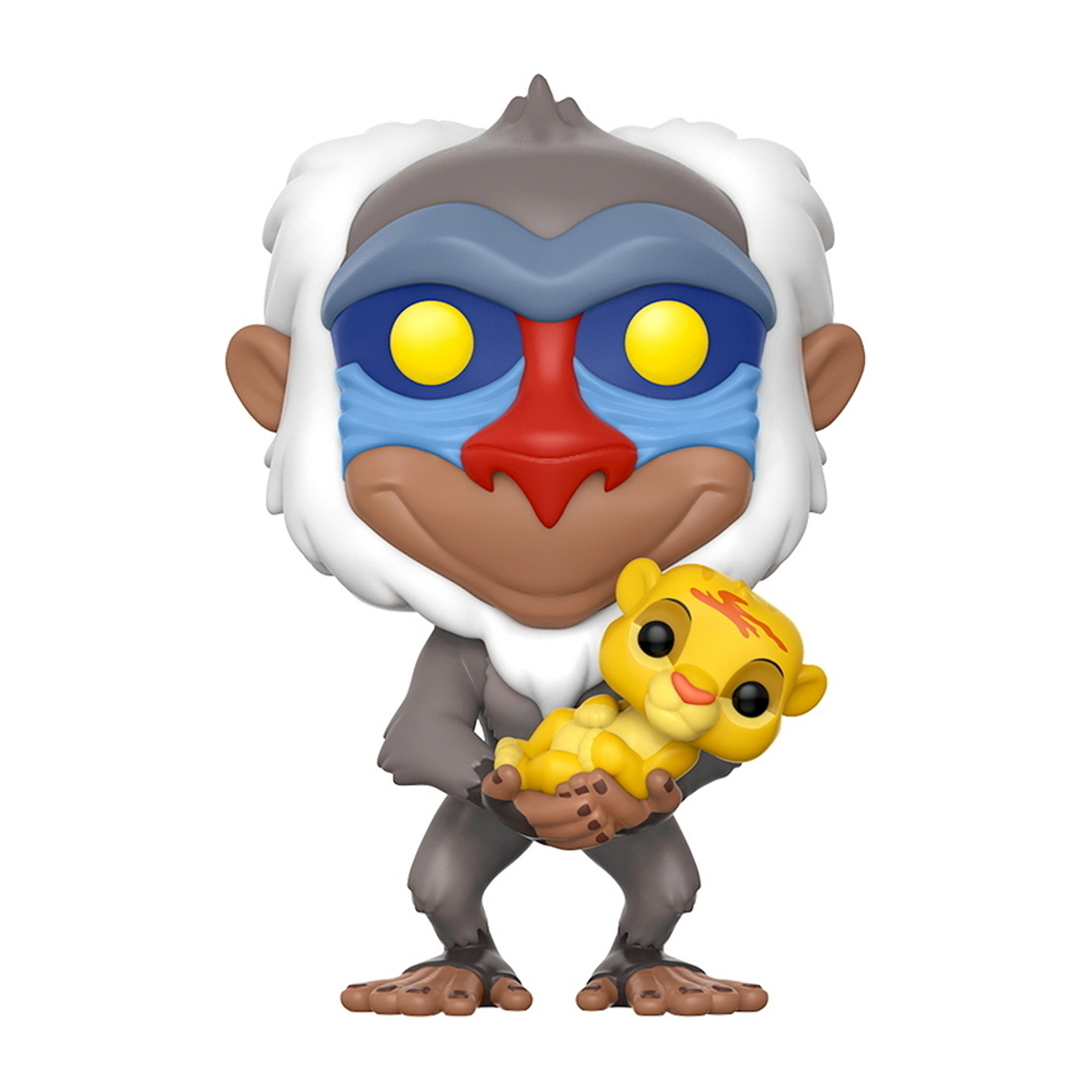 Funko Pop di una scimmia che tiene in braccio un cucciolo di leone. La scimmia ha la faccia blu, rossa e marrone.