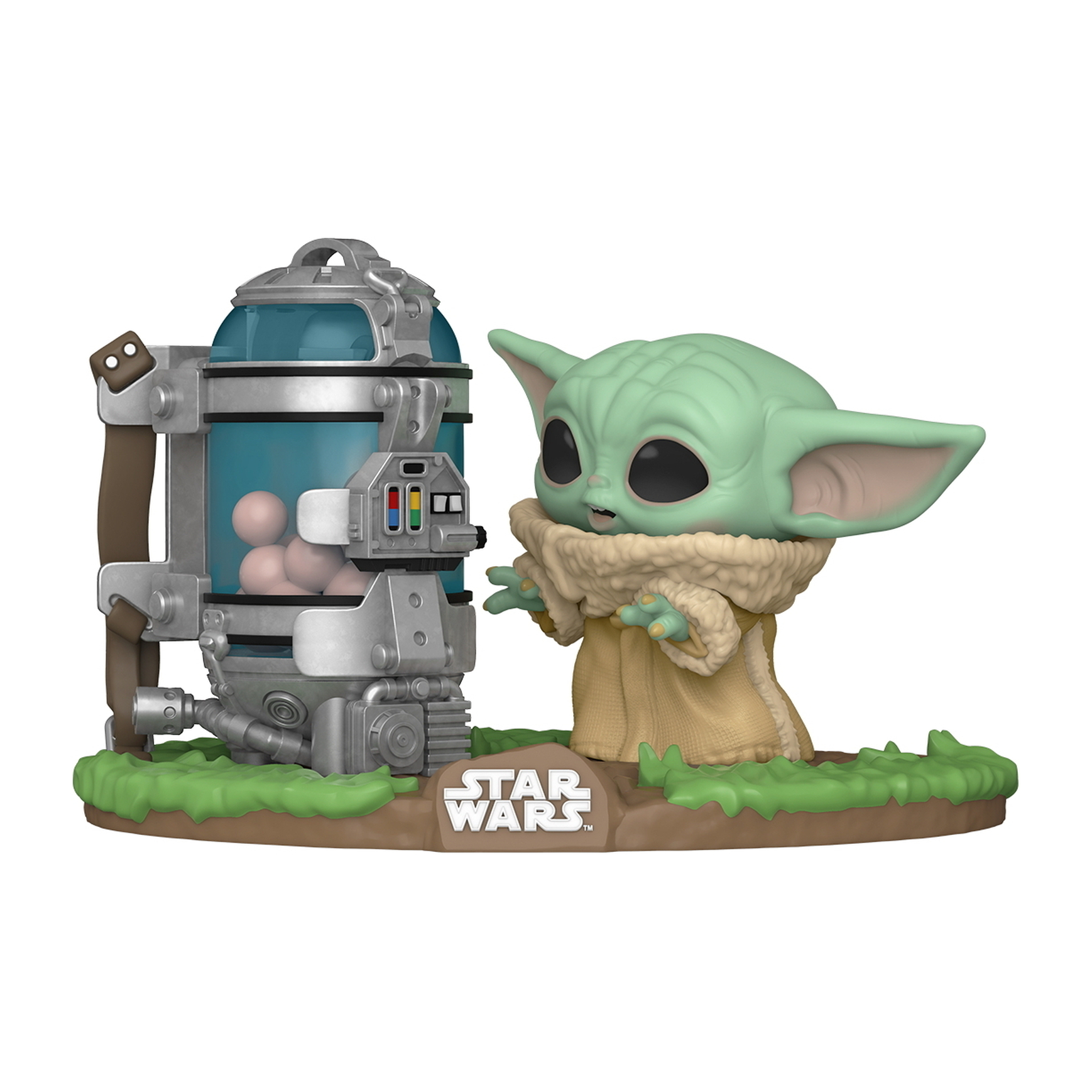 Grogu (Baby Yoda) Funko Pop Figur. Grogu steht neben einem tankartigen Gerät auf grüner Basis.