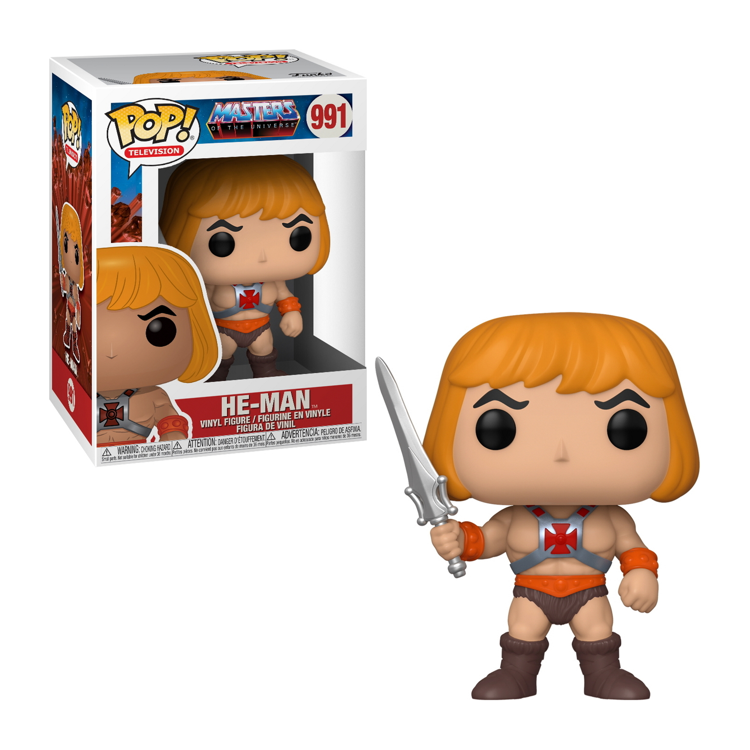 Action figure He-Man Funko Pop con spada, nella scatola. Sfondo bianco.