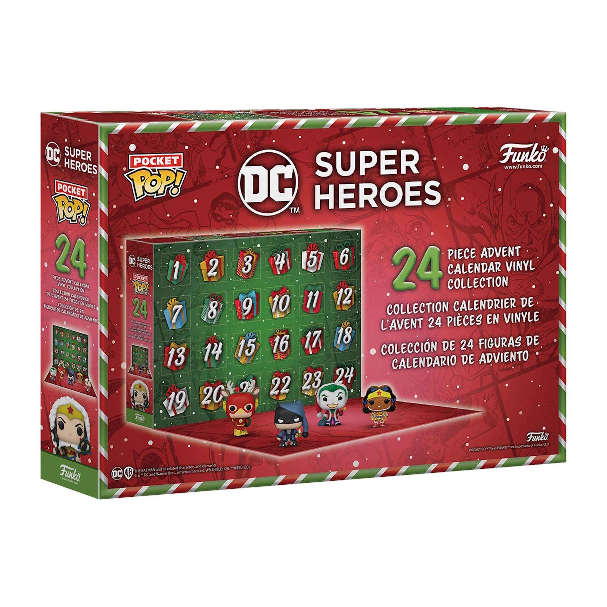 Scatola del calendario dell'Avvento DC Super Hero Pocket Pop!, rossa con figure.