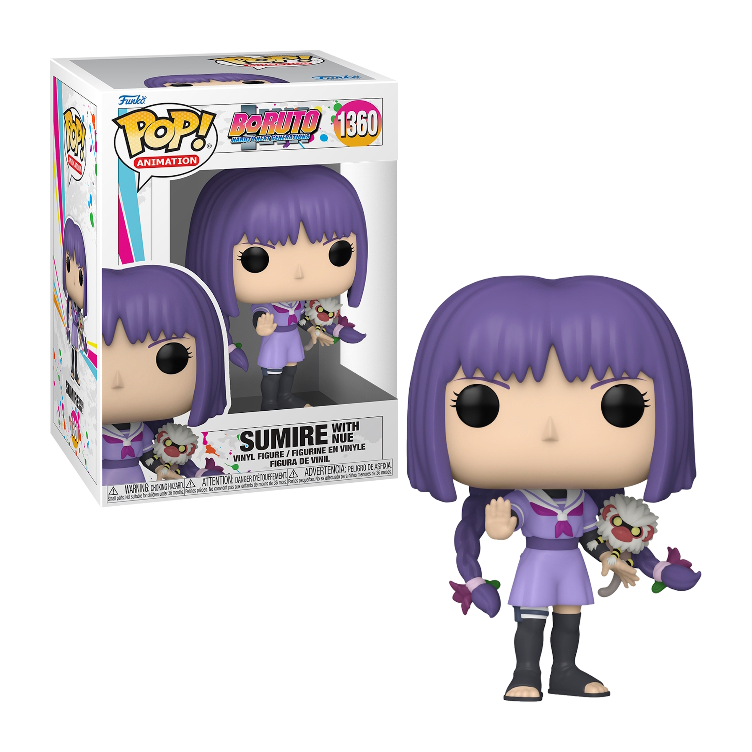 Sumire con Nue Funko Pop. Capelli viola, uniforme scolastica, tiene un peluche.