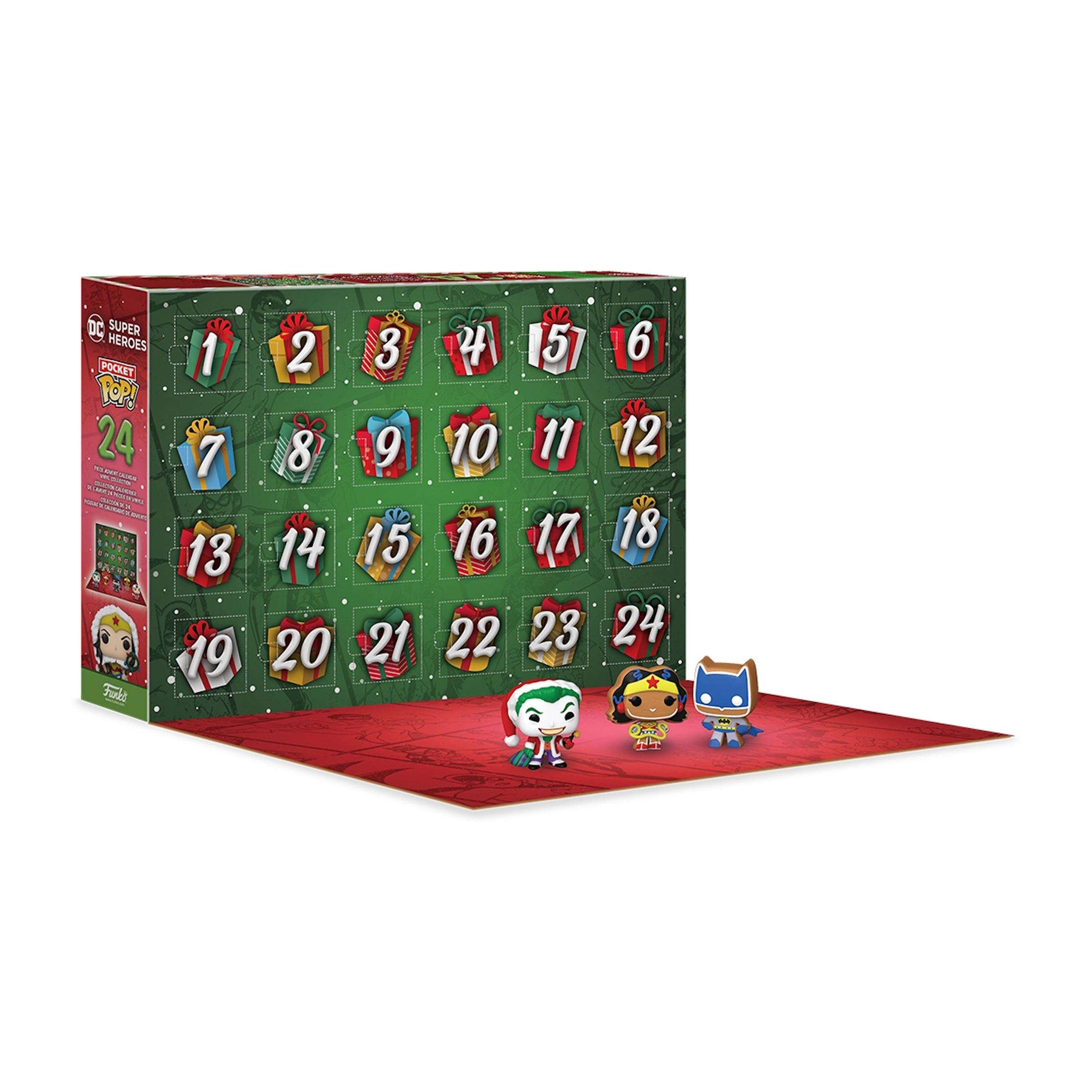 Calendario dell'Avvento DC Super Heroes. Una scatola rossa e verde con 24 porte che mostrano i Funko Pop dei personaggi DC.