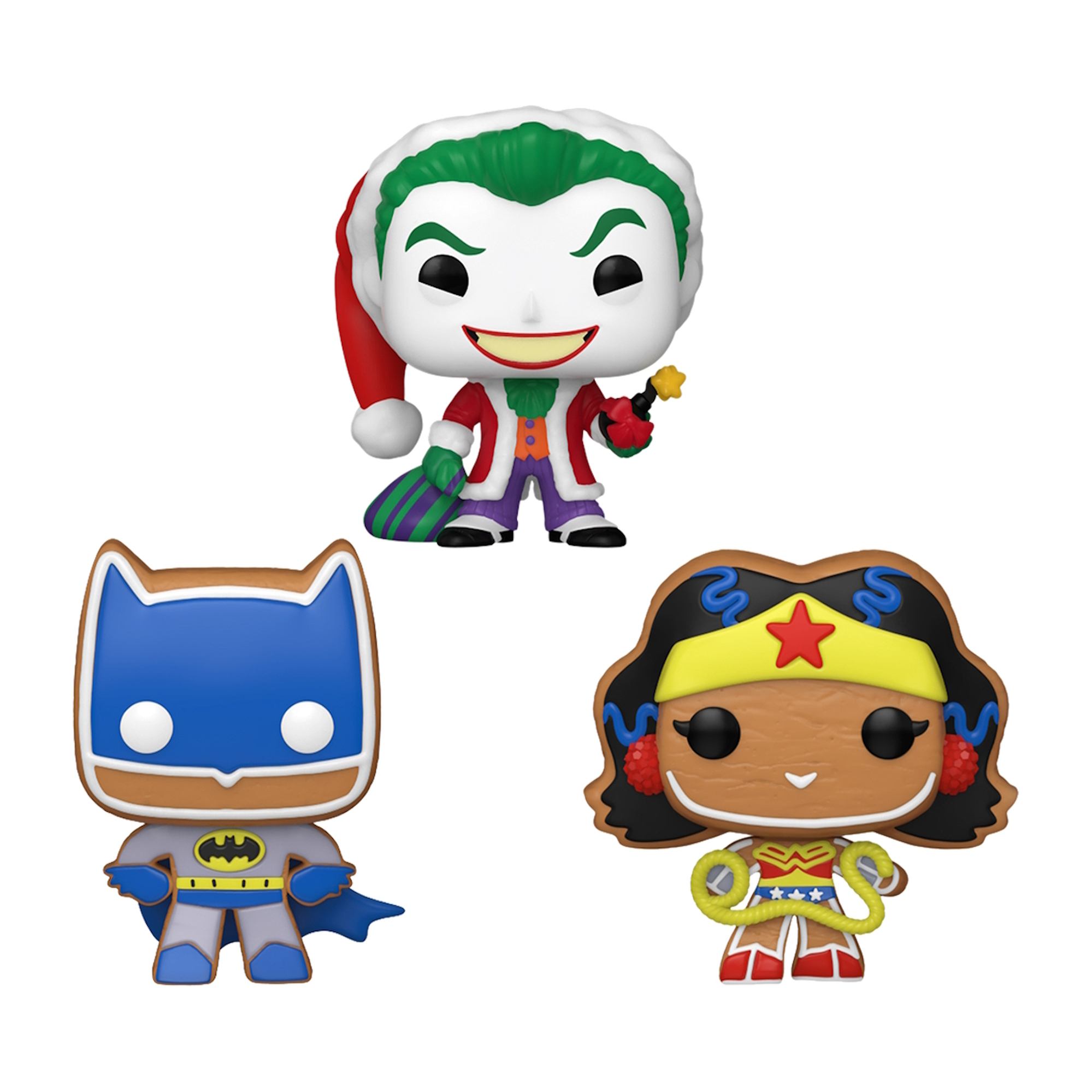 Tre figure di pan di zenzero di DC Comics: Joker, Batman e Wonder Woman. Tutte su sfondo bianco.