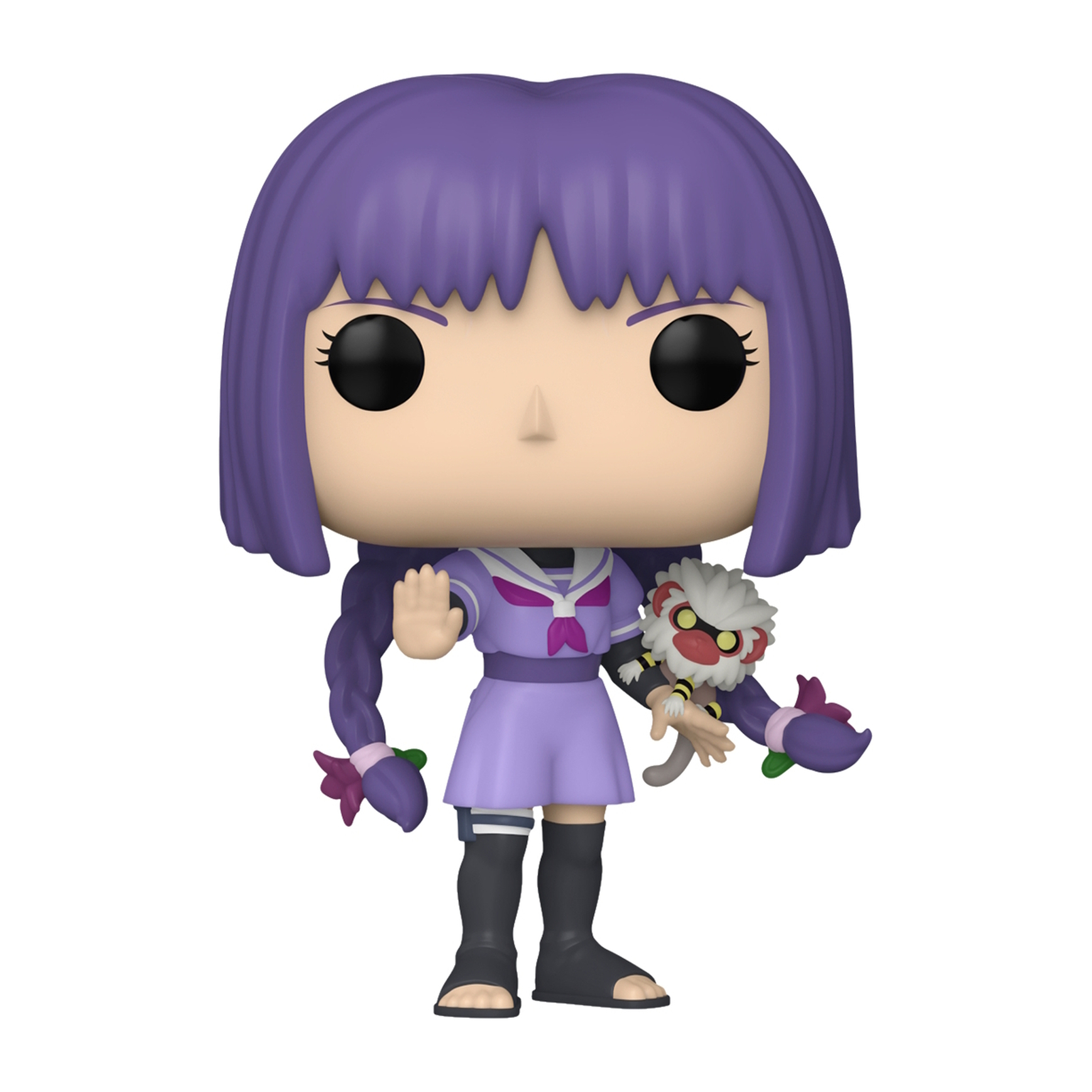 Figura Funko Pop di una ragazza con i capelli viola e una piccola creatura in mano.