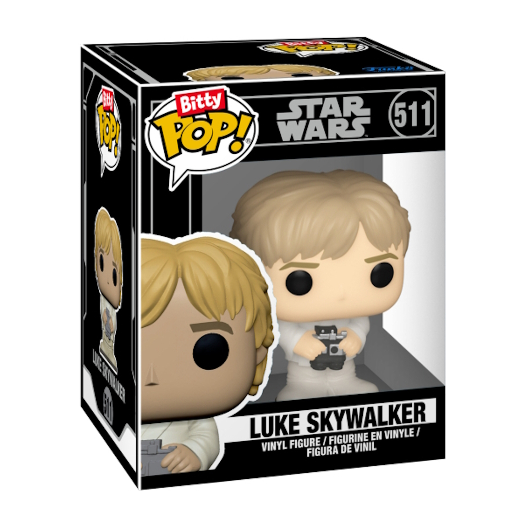 Luke Skywalker Funko Pop figuur en doos. Luke is in het wit, houdt een camera vast. De doos toont Luke's afbeelding.