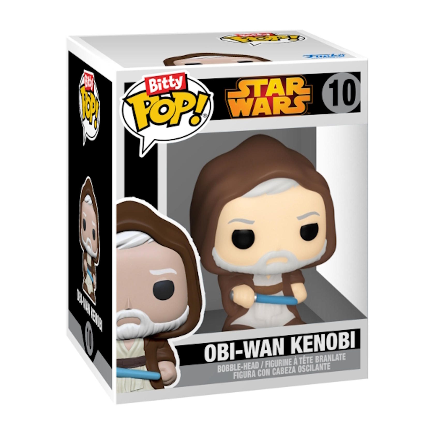 Een Funko Pop doos van Obi-Wan Kenobi. Het figuur is zichtbaar door het voorste venster.
