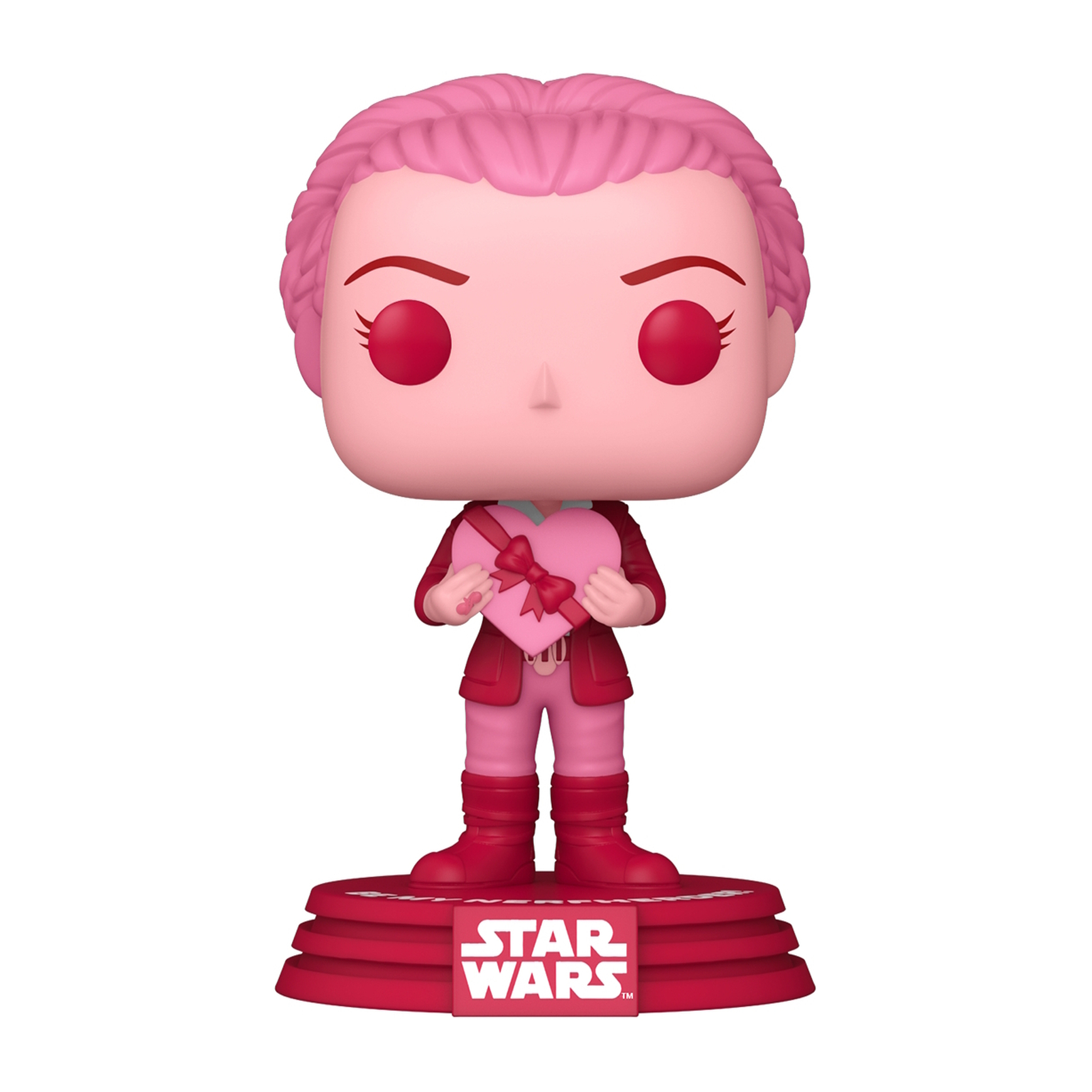 Figura Funko Pop rosa de Star Wars con corazón, sobre base roja con logo de Star Wars.