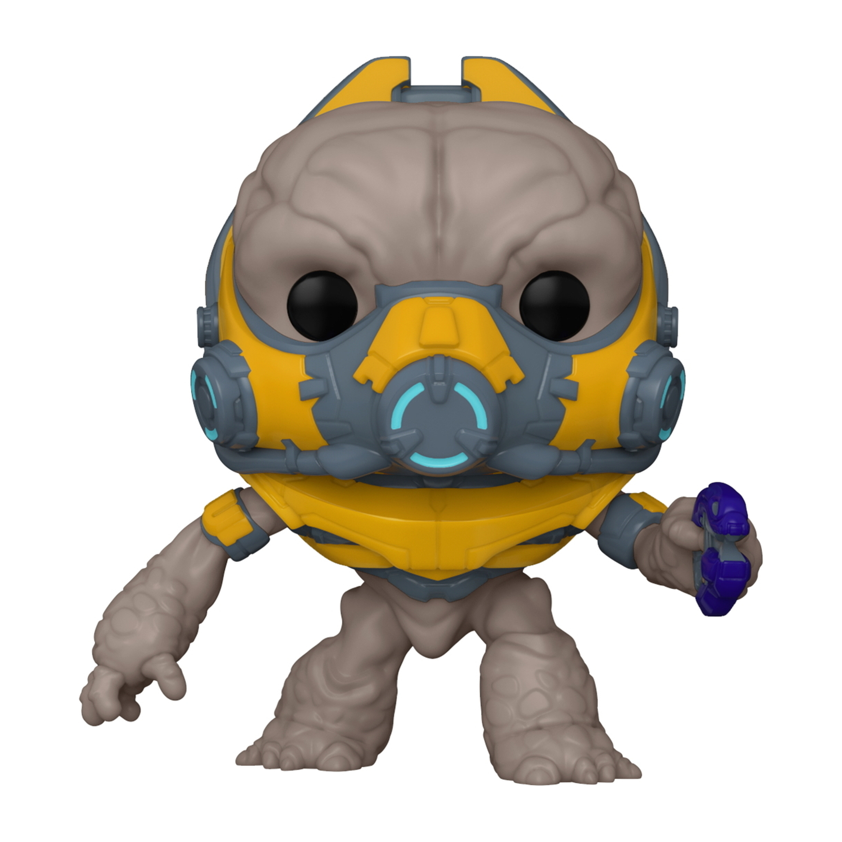 Una figura Funko Pop di un alieno giallo e grigio con un'arma.