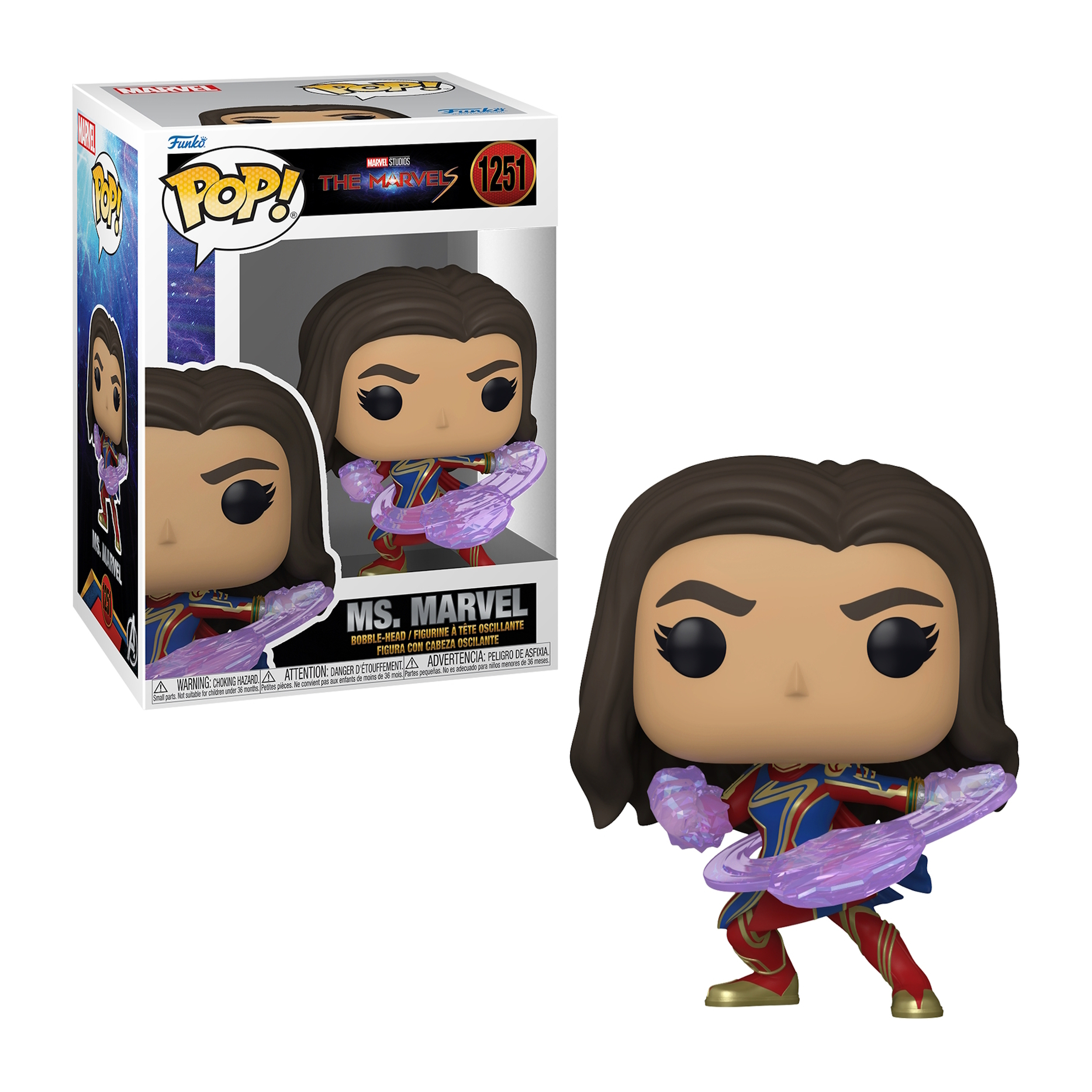 Personaggio Funko Pop di Ms. Marvel dentro e fuori dalla scatola. Tiene energie e indossa un costume rosso e blu.