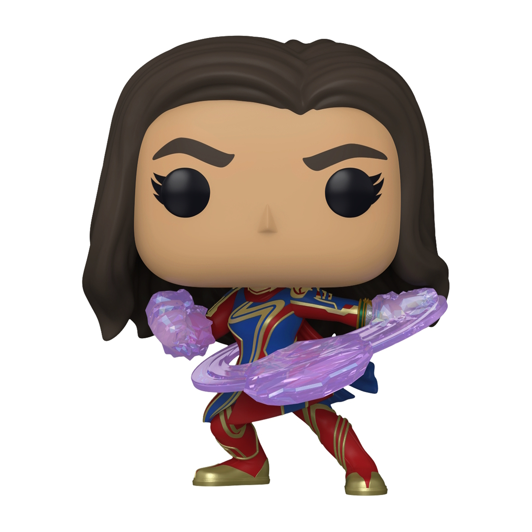 Una figura Funko Pop di Ms. Marvel, tiene esplosioni di energia, indossa un costume rosso, blu e oro.