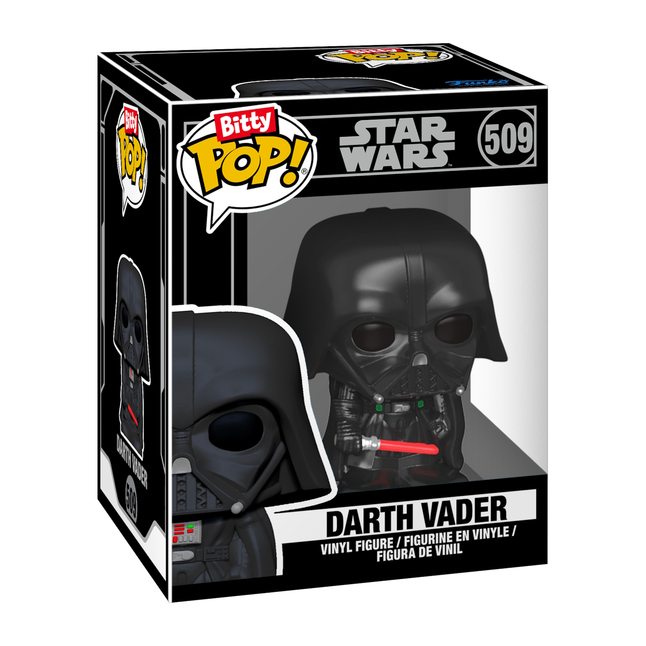 Darth Vader Funko Pop in scatola. Figura nera, casco, spada laser rossa, scatola con logo Star Wars.