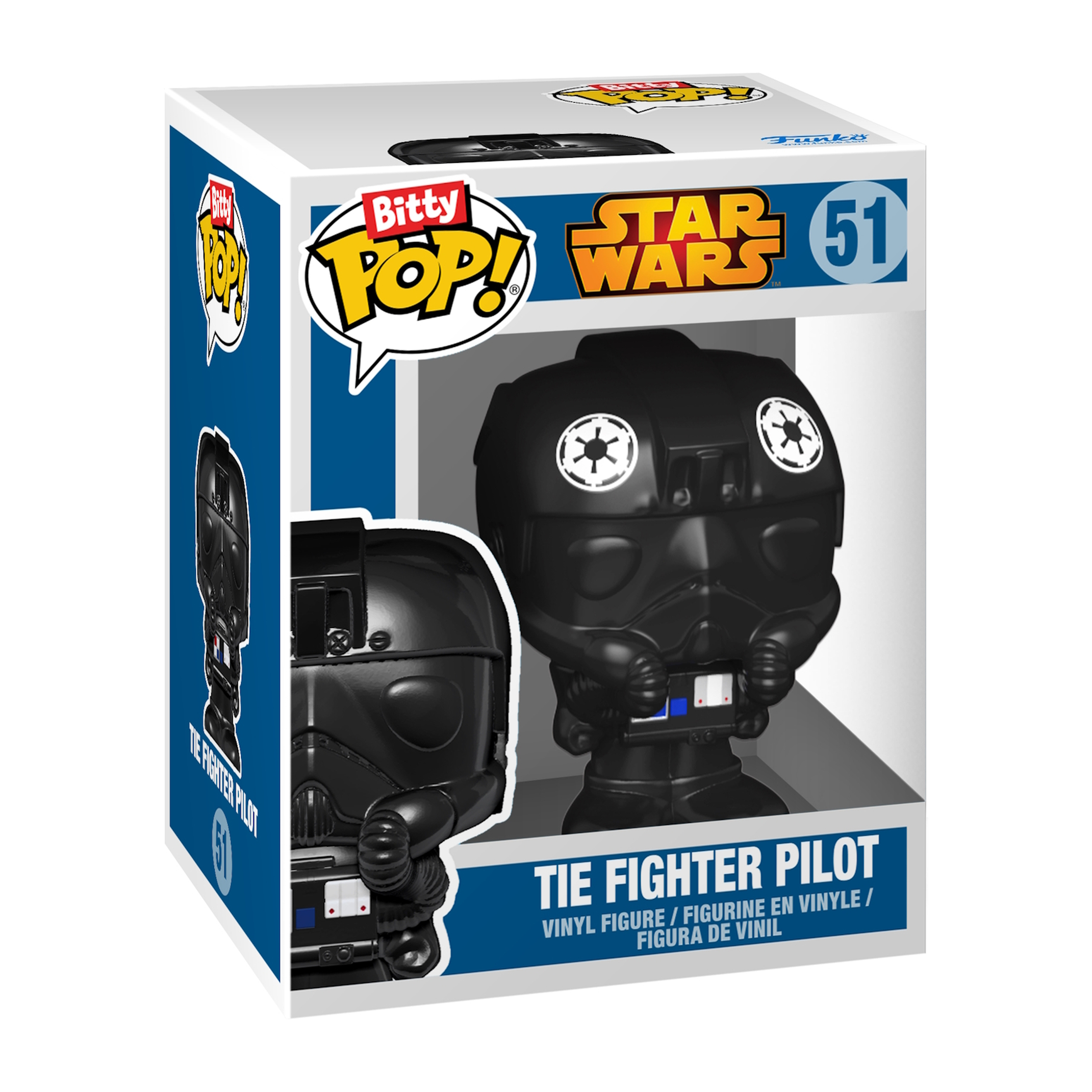 Una figura Funko Pop di un pilota di Tie Fighter nero di Star Wars in una scatola.