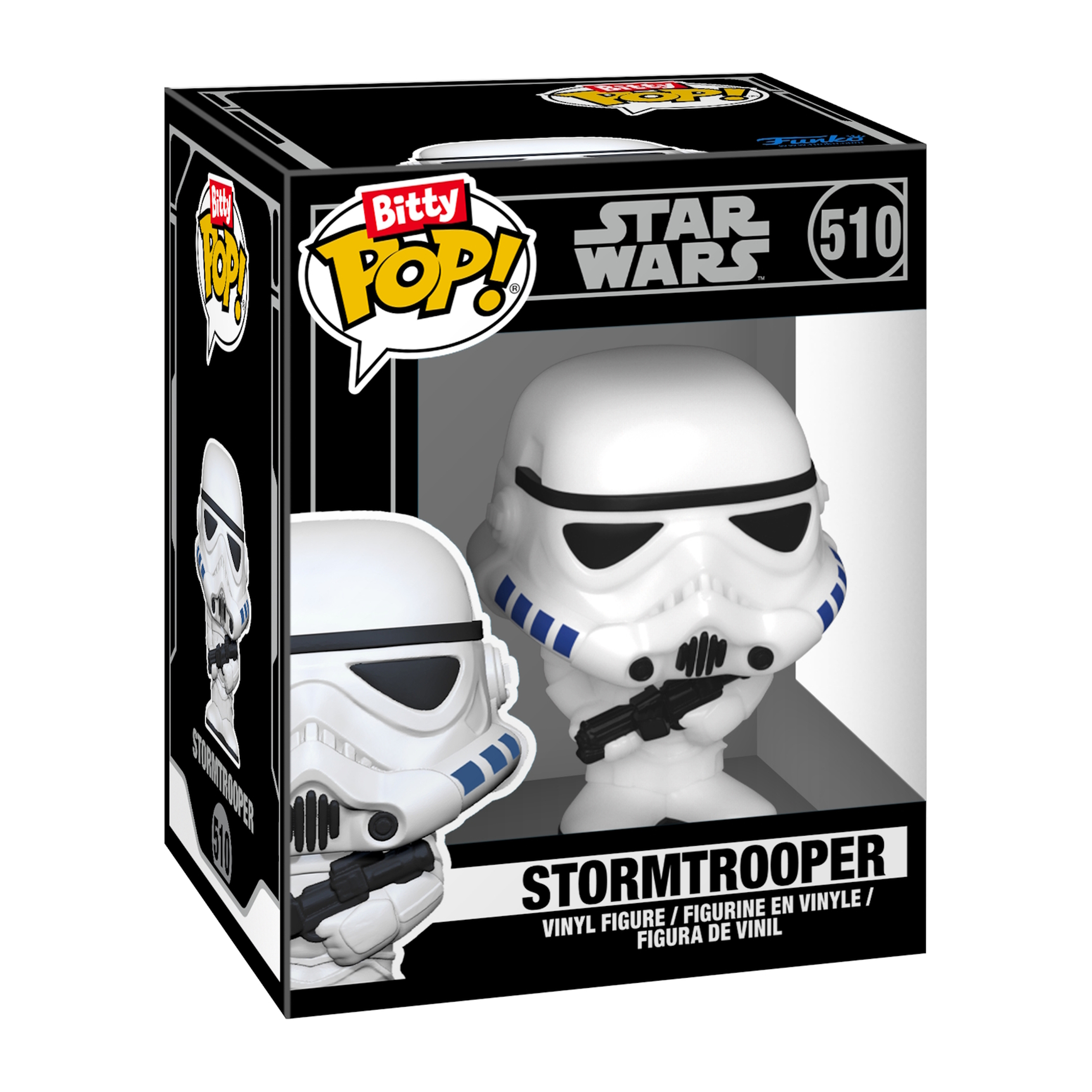 Una figura Funko Pop di Stormtrooper in una scatola in bianco e nero.