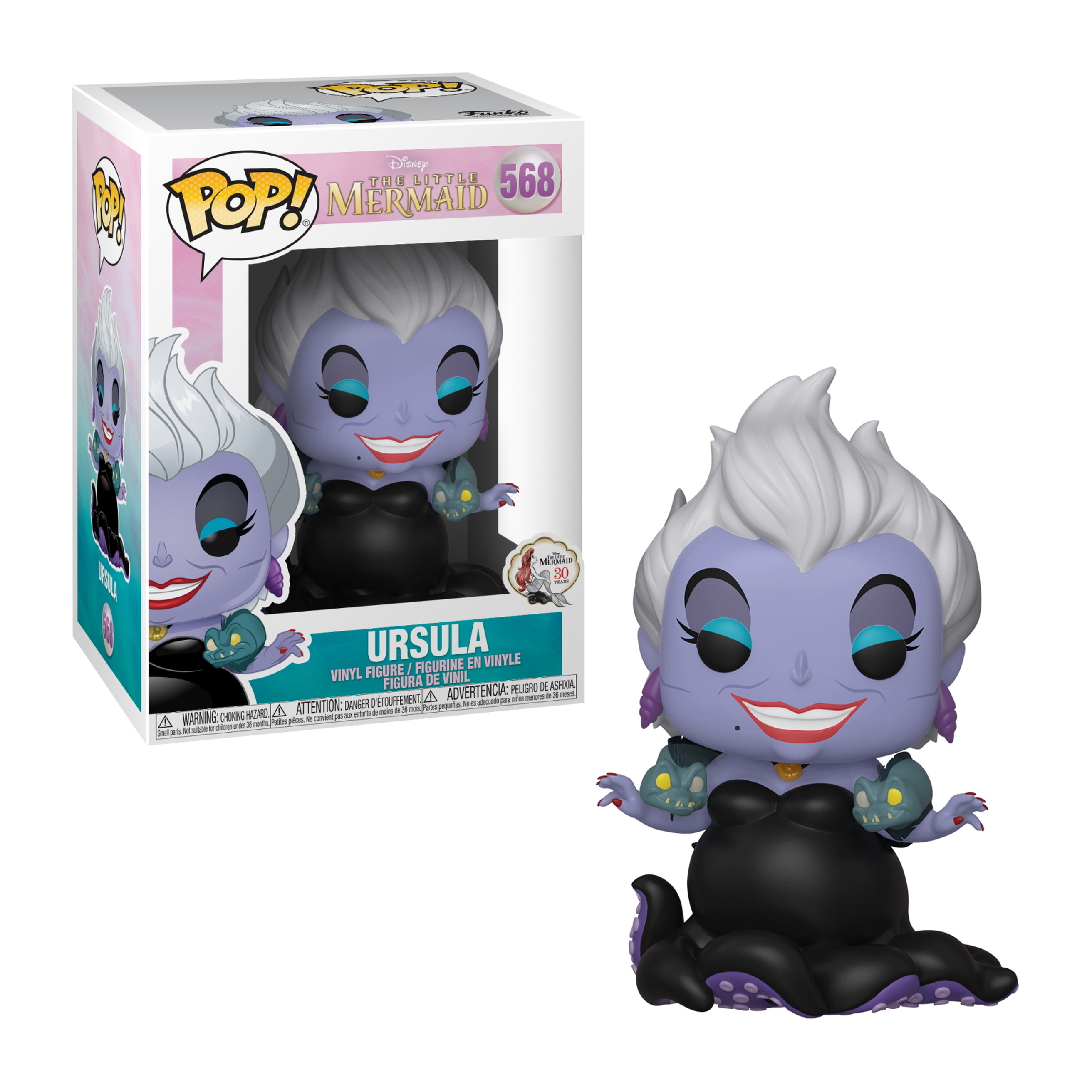 Figura Funko Pop de Úrsula con caja. Es morada con pelo blanco y tiene una base de pulpo negro.