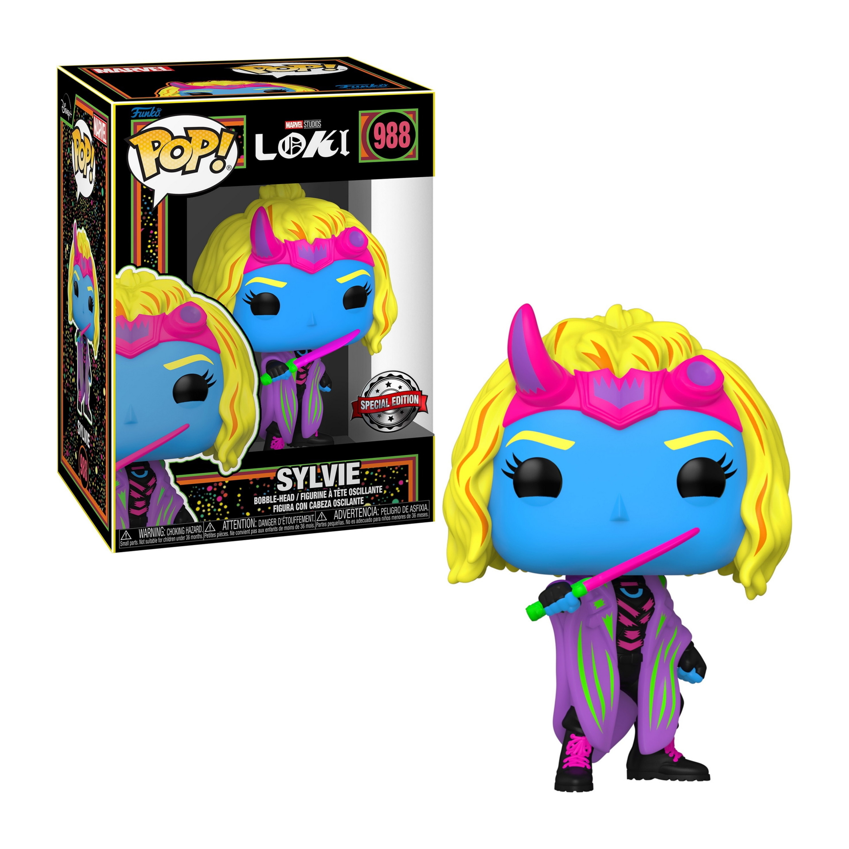 Funko Pop! di Sylvie da Loki, in scatola. È blu con capelli biondi e spada verde.