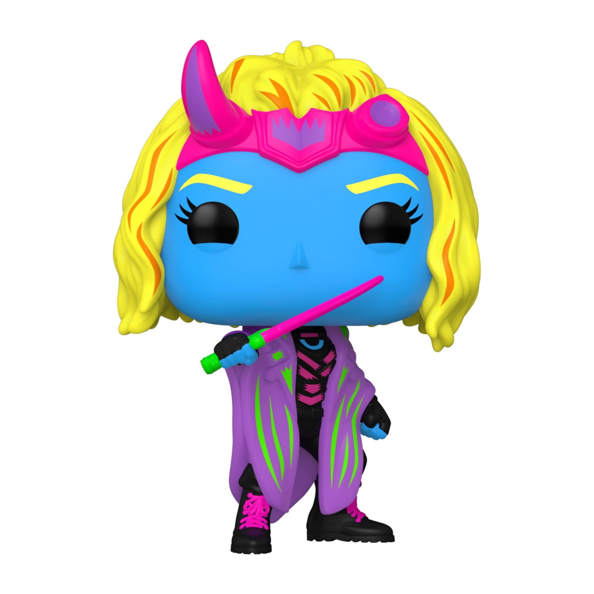 Figura Funko Pop con pelle blu, capelli gialli, corna rosa e che tiene una spada rosa.