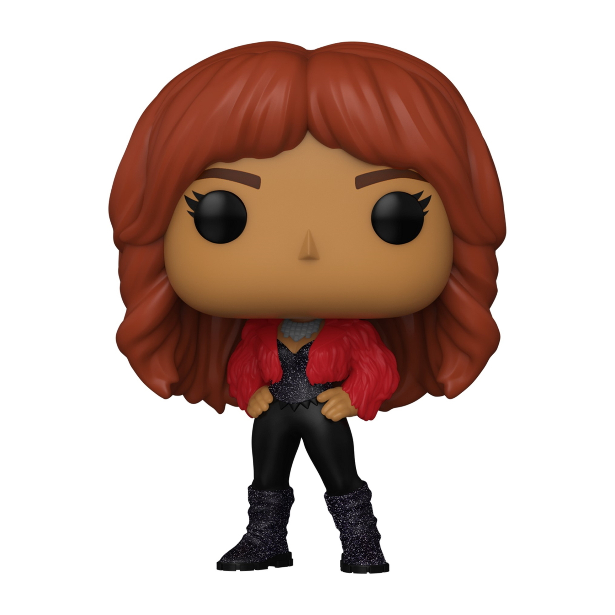Eine Funko Pop Figur einer Frau mit roten Haaren, roter Jacke und schwarzem Outfit.
